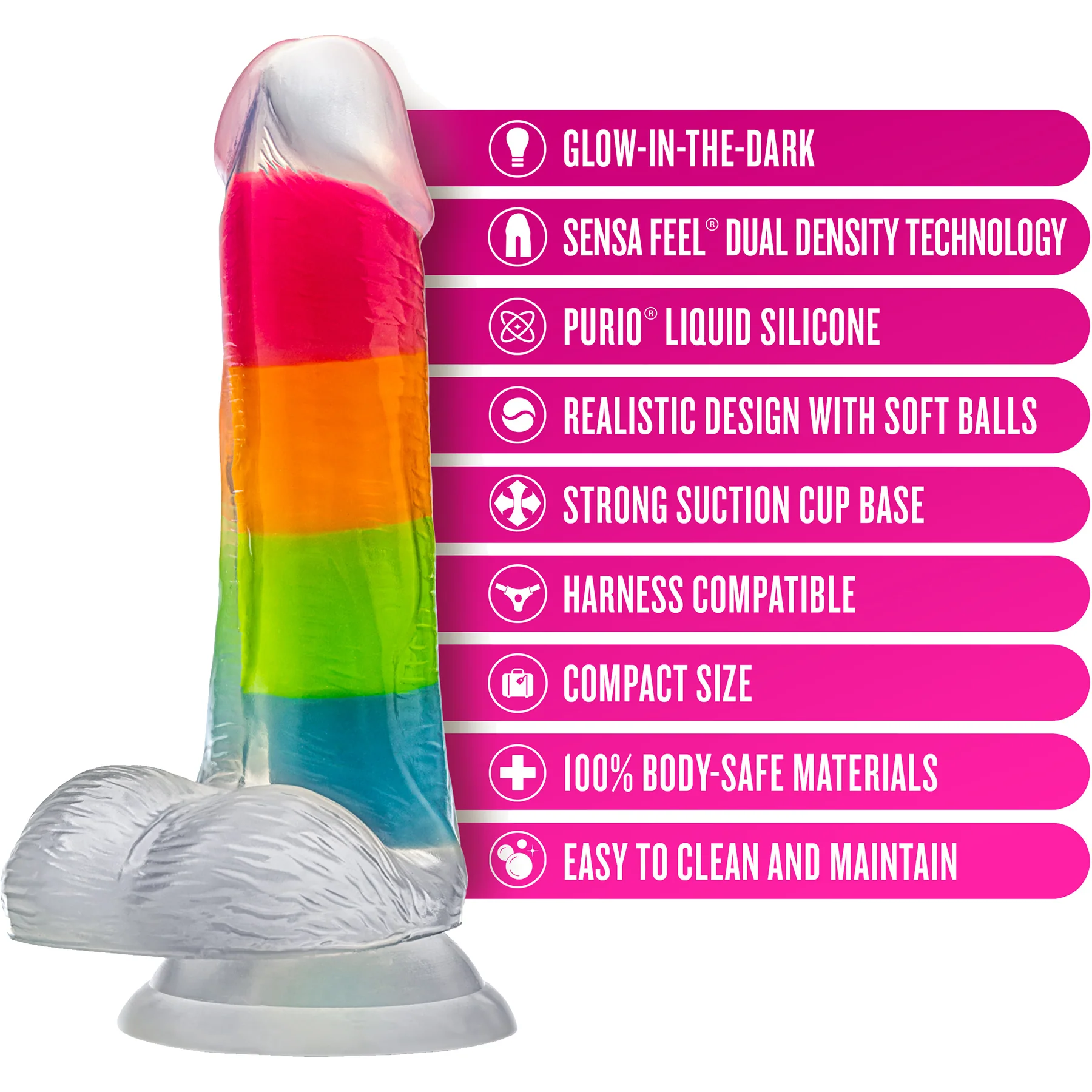 Neo Elite 6.5" Glow In The Dark Silicone Dual Density Dildo With Suction Cup & Balls By Blush - Rainbow Rave - Image 7