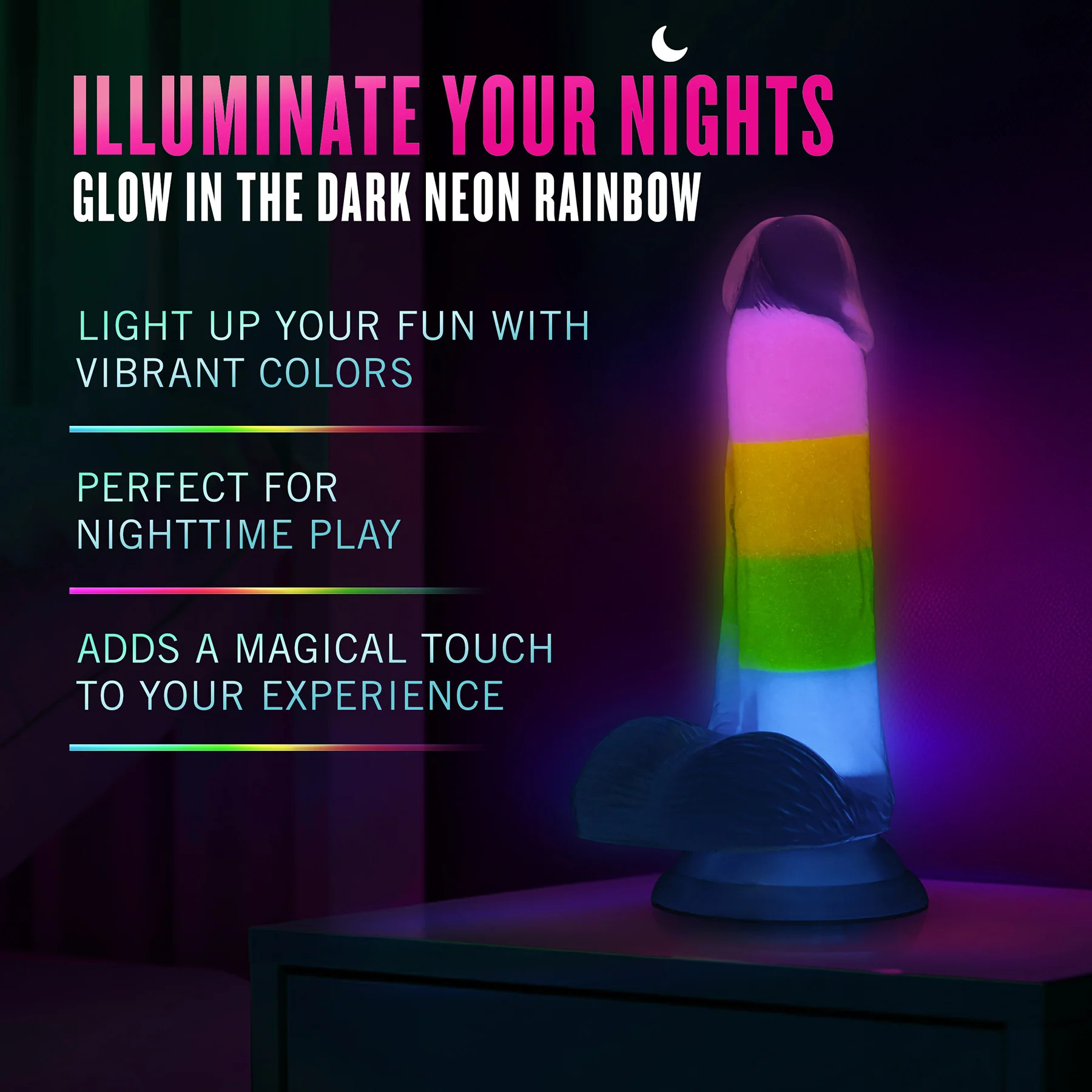 Neo Elite 6.5" Glow In The Dark Silicone Dual Density Dildo With Suction Cup & Balls By Blush - Rainbow Rave - Image 8