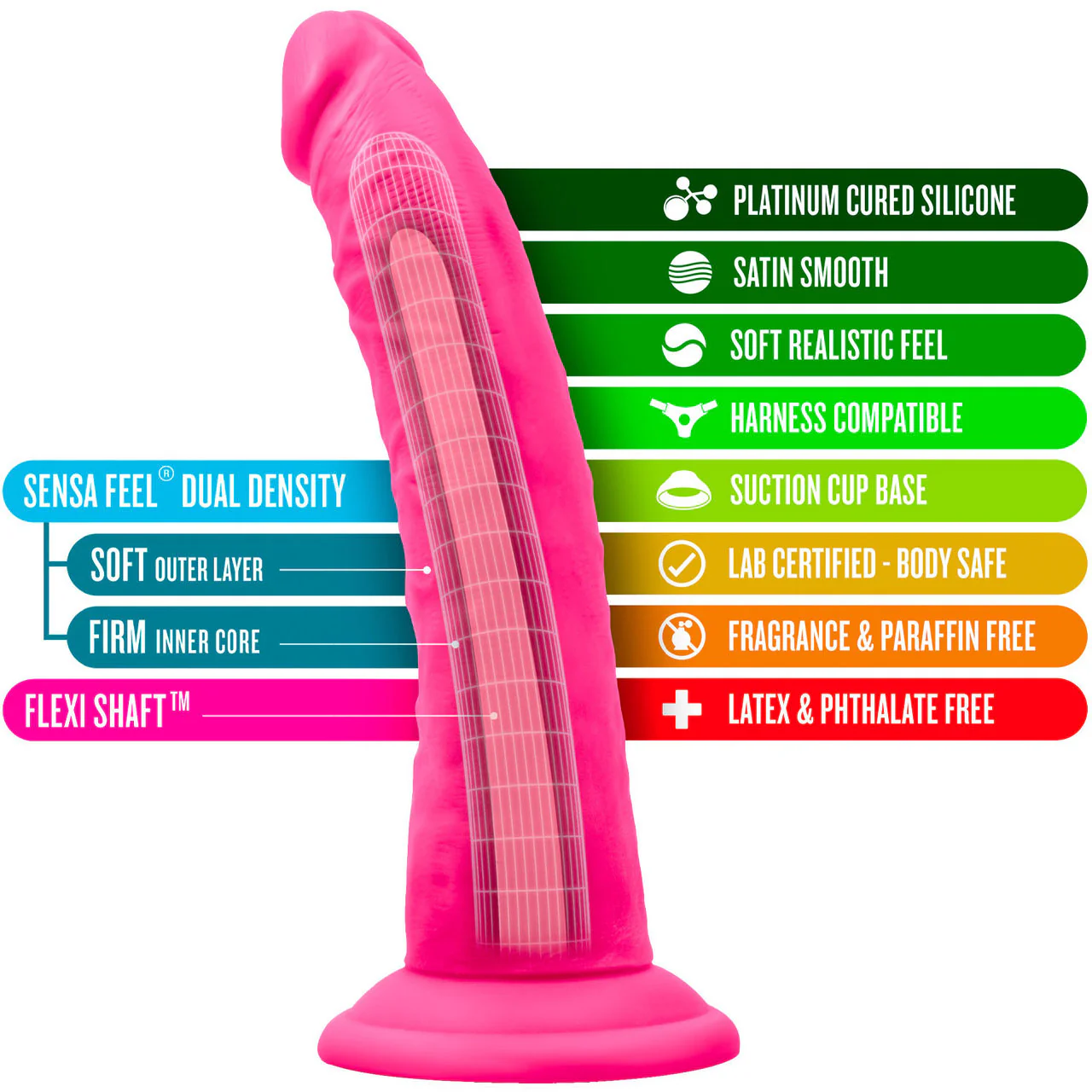 Neo Elite 7.5 Inch Dual Density Realistic Silicone Dildo by Blush - Neon Pink - Image 6