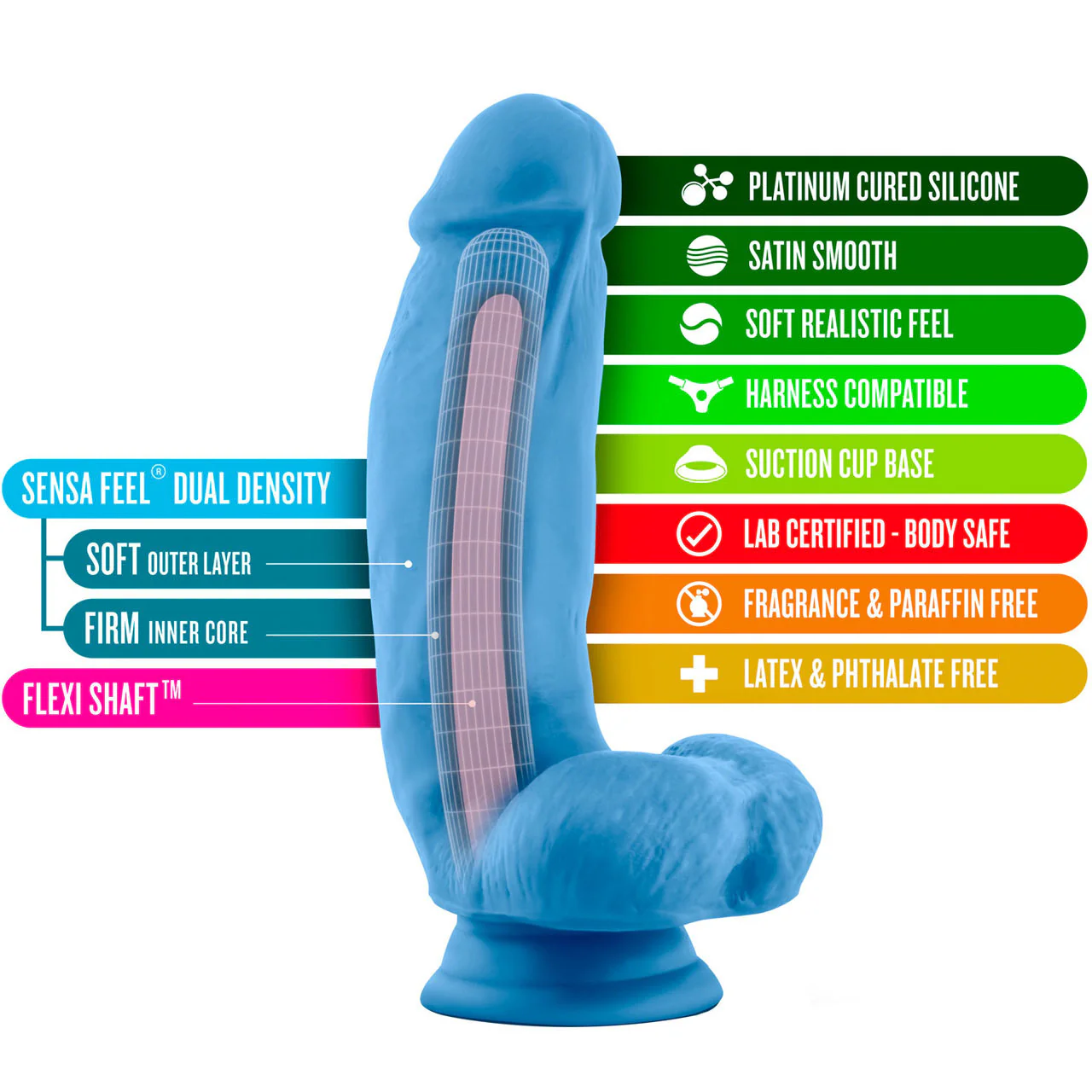 Neo Elite 7 Inch Dual Density Realistic Silicone Dildo With Balls by Blush - Neon Blue - Image 6