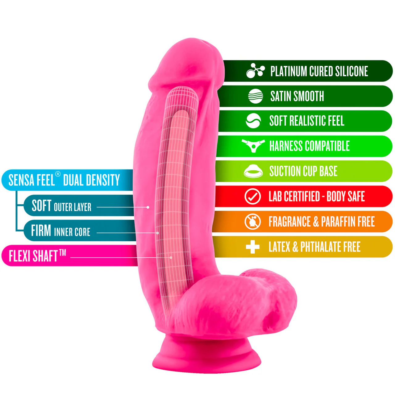 Neo Elite 7 Inch Dual Density Realistic Silicone Dildo With Balls by Blush - Neon Pink - Image 6