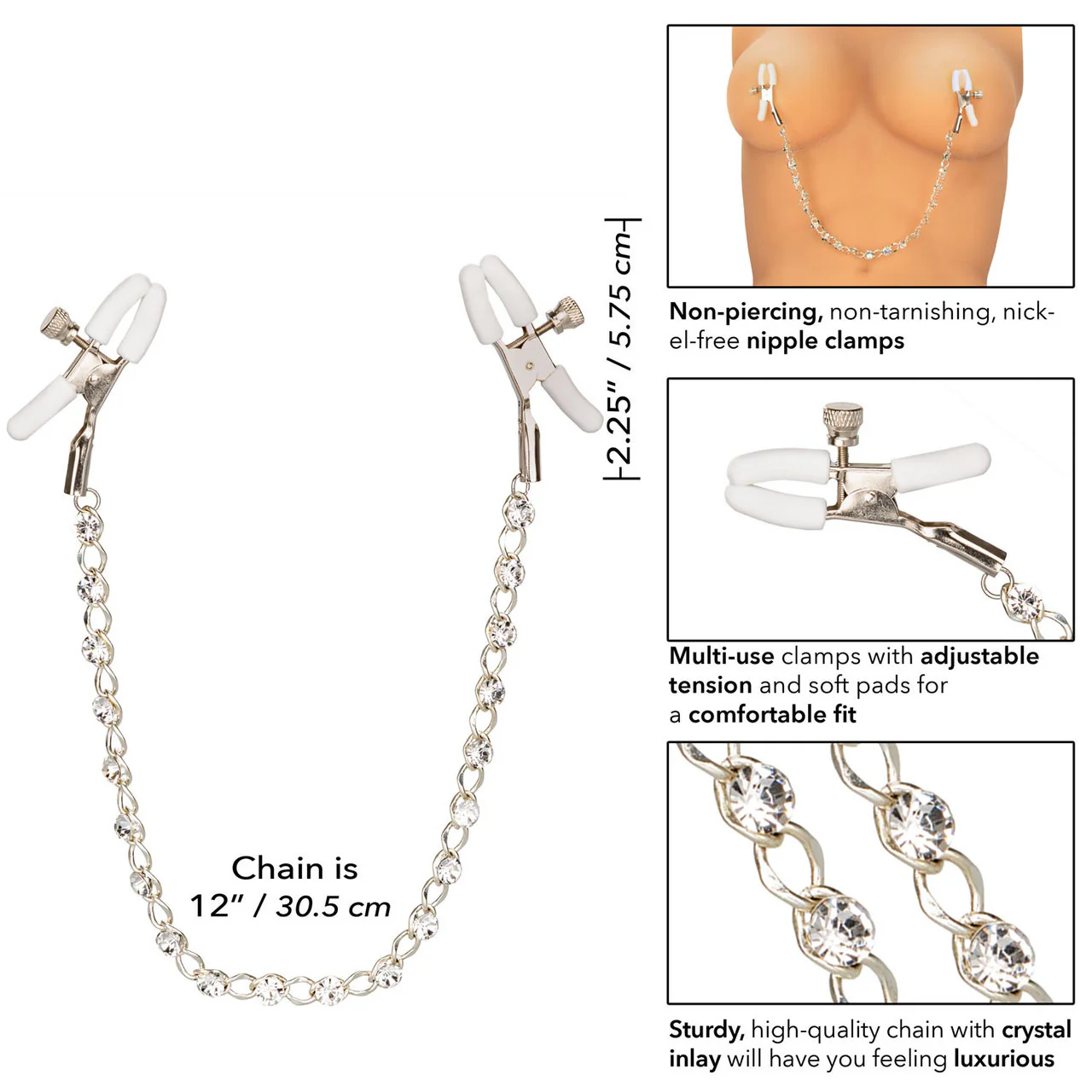 Nipple Play Crystal Chain Nipple Clamps by CalExotics - White - Image 3
