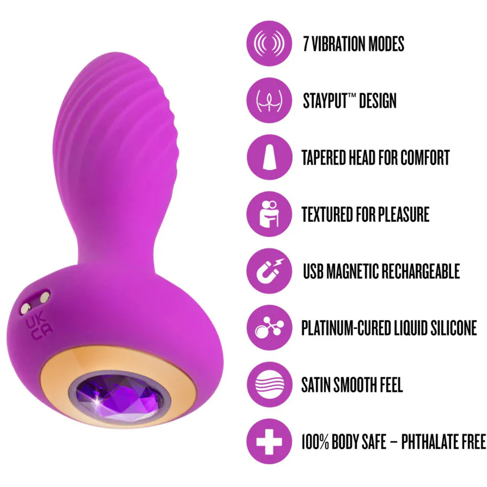 Oh My Gem Charm Rechargeable Silicone Vibrating Butt Plug By Blush - Amethyst - Image 9