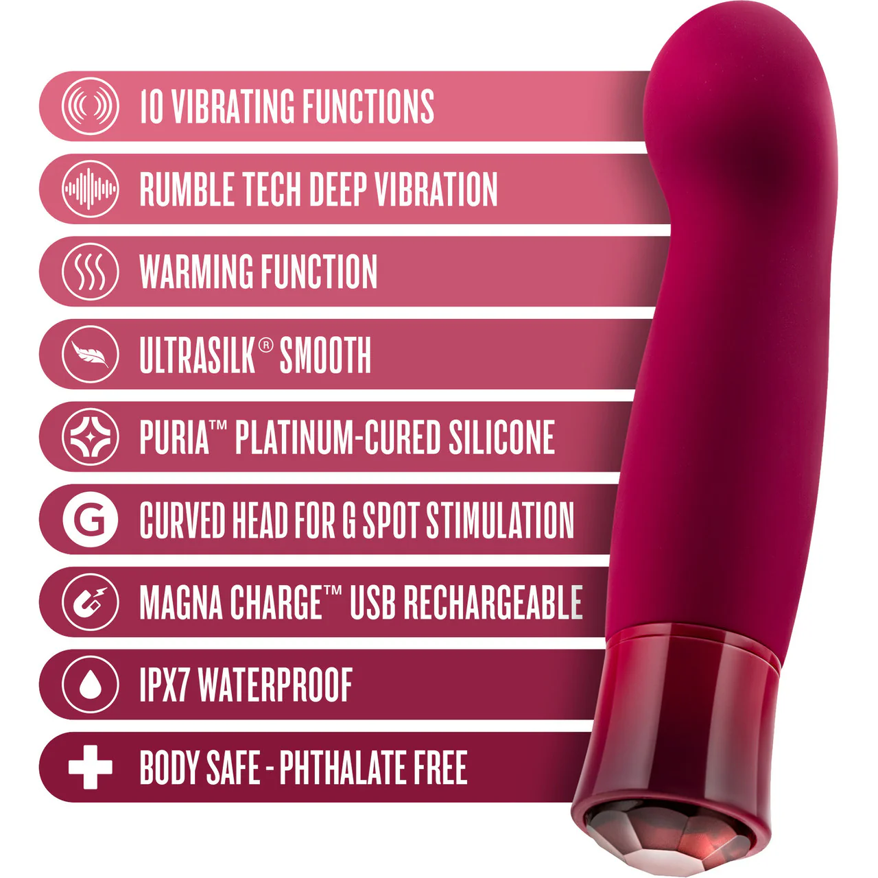 Oh My Gem Classy Rechargeable Silicone Warming G-Spot Vibrator By Blush - Garnet Red - Image 8