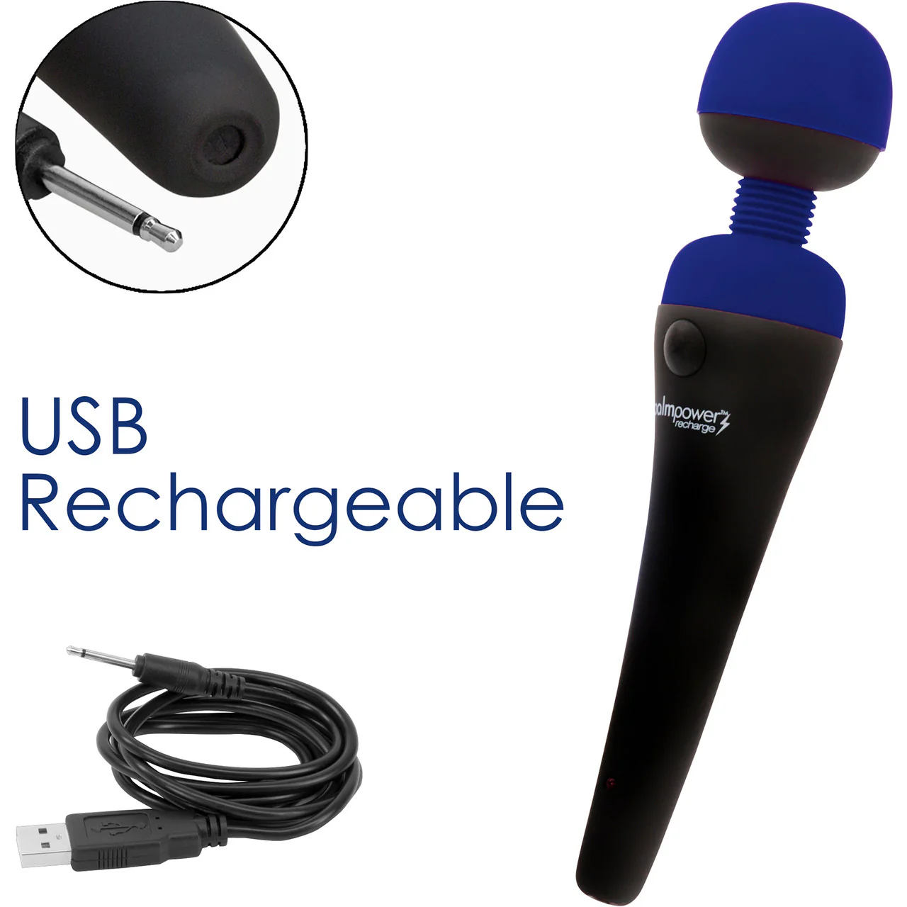 PalmPower Recharge Waterproof Wand Massager With Removable Silicone Cap - Blue - Image 4