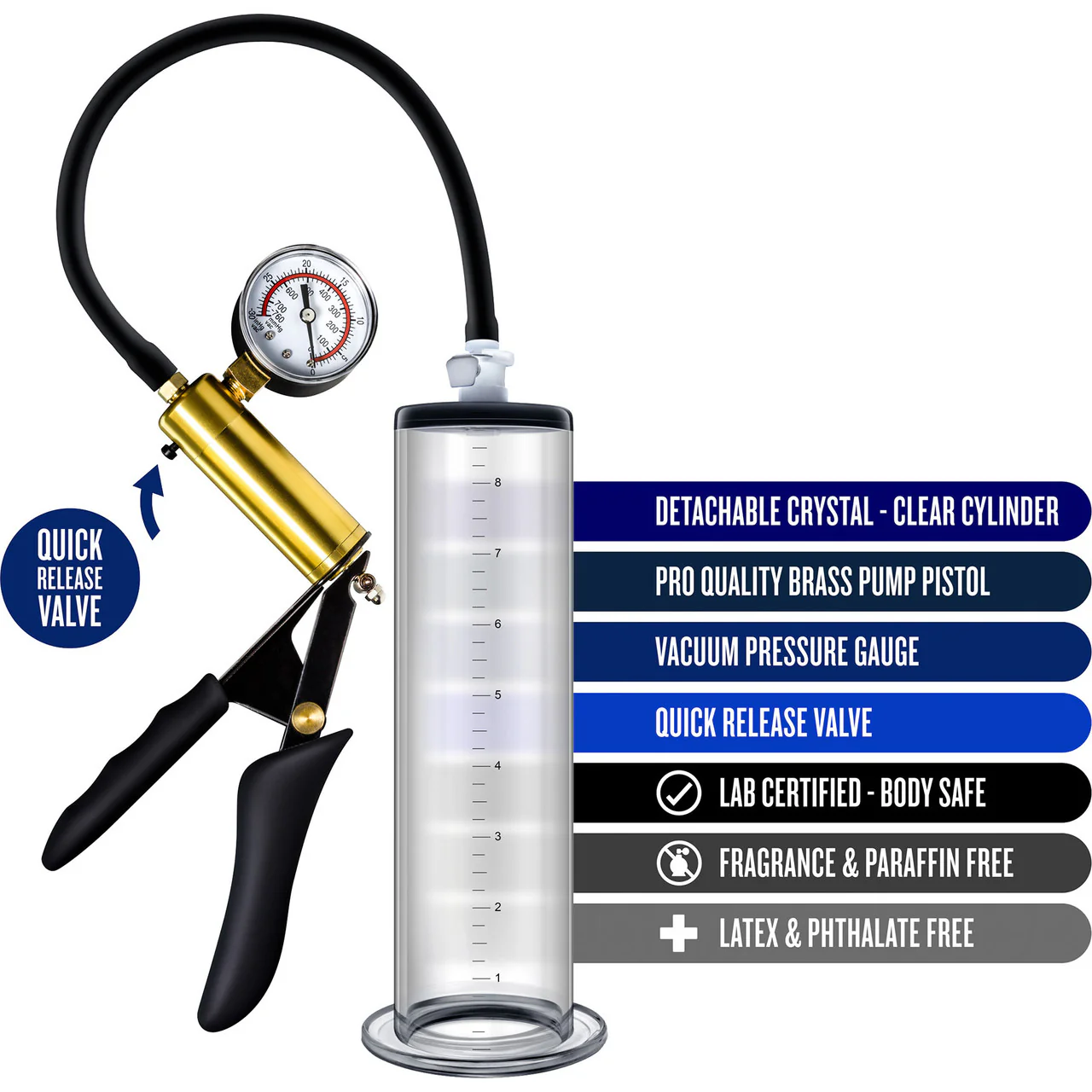 Performance VX6 Vacuum Penis Pump With Brass Pistol & Pressure Gauge By Blush - Clear - Image 3