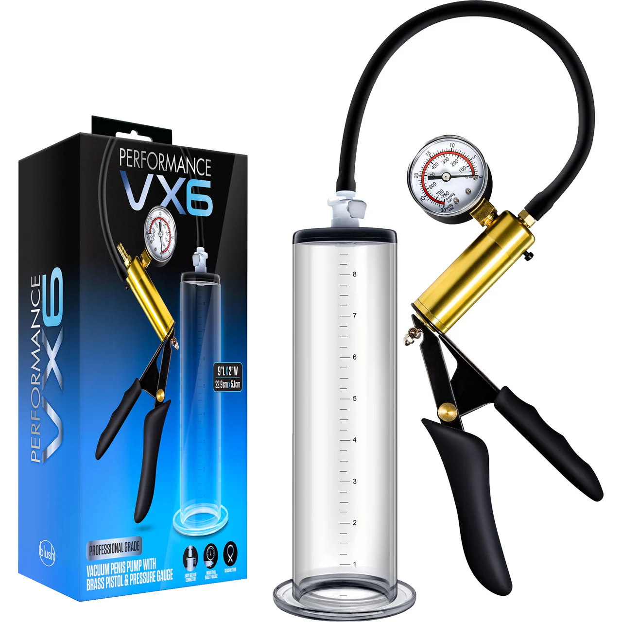Performance VX6 Vacuum Penis Pump With Brass Pistol & Pressure Gauge By Blush - Clear - Image 4