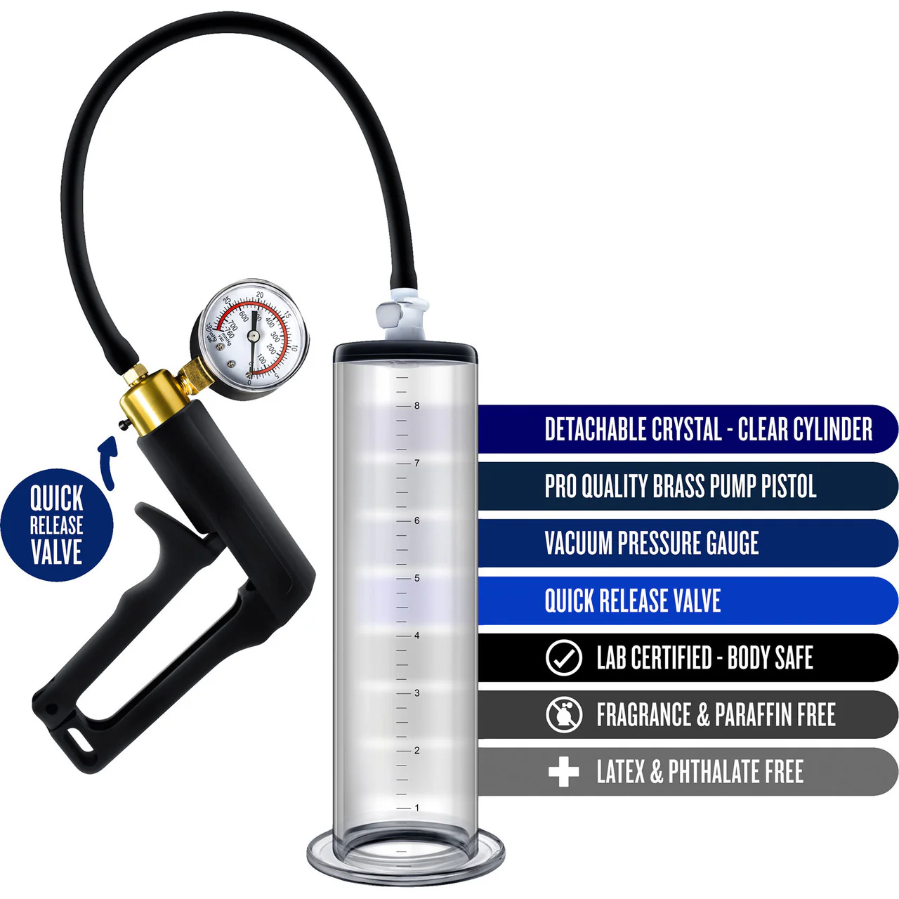 Performance VX7 Vacuum Penis Pump With Brass Pistol & Pressure Gauge By Blush - Clear - Image 3