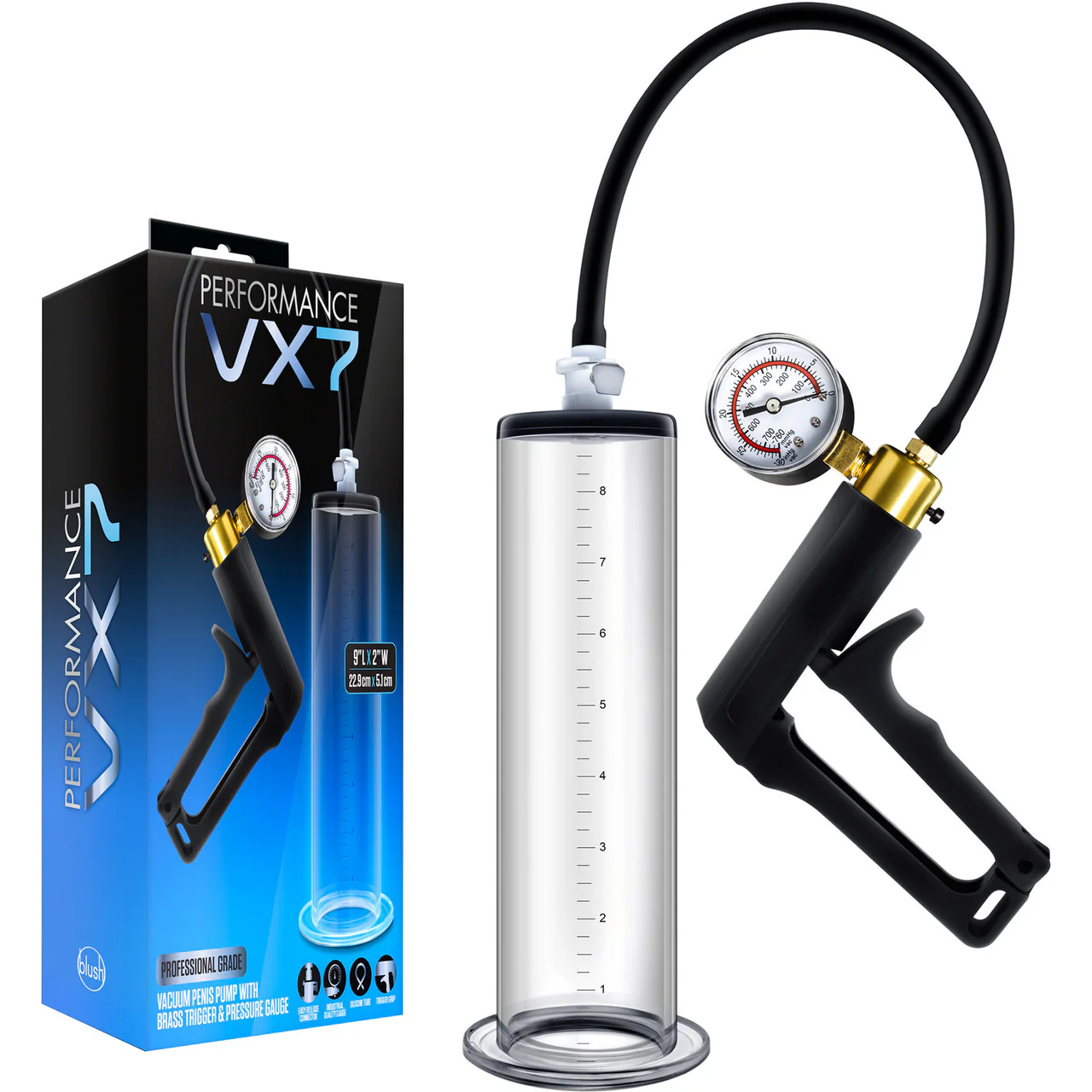 Performance VX7 Vacuum Penis Pump With Brass Pistol & Pressure Gauge By Blush - Clear - Image 4
