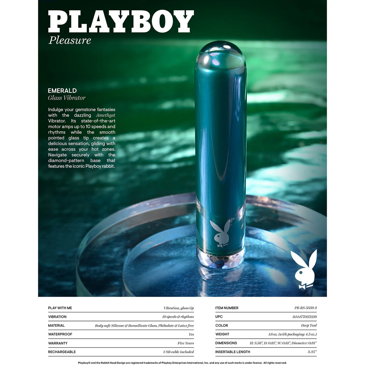 Playboy Pleasure Emerald Rechargeable Waterproof Glass Vibrator - Image 8