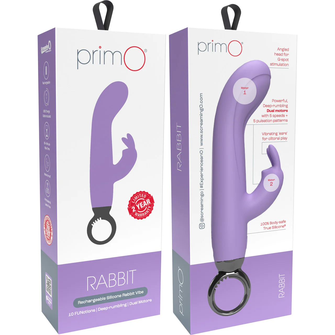 PrimO Rabbit Rechargeable Silicone Dual Stimulation Vibrator By Screaming O - Lilac - Image 4