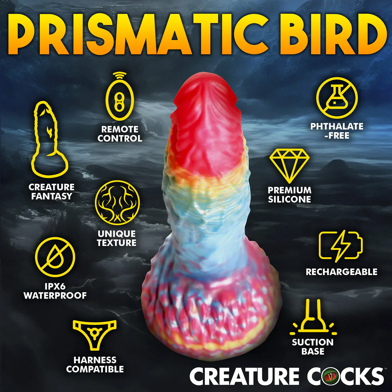 Rainbow Phoenix 6.75" Rechargeable Vibrating Silicone Suction Cup Dildo With Remote By Creature Cocks - Image 12
