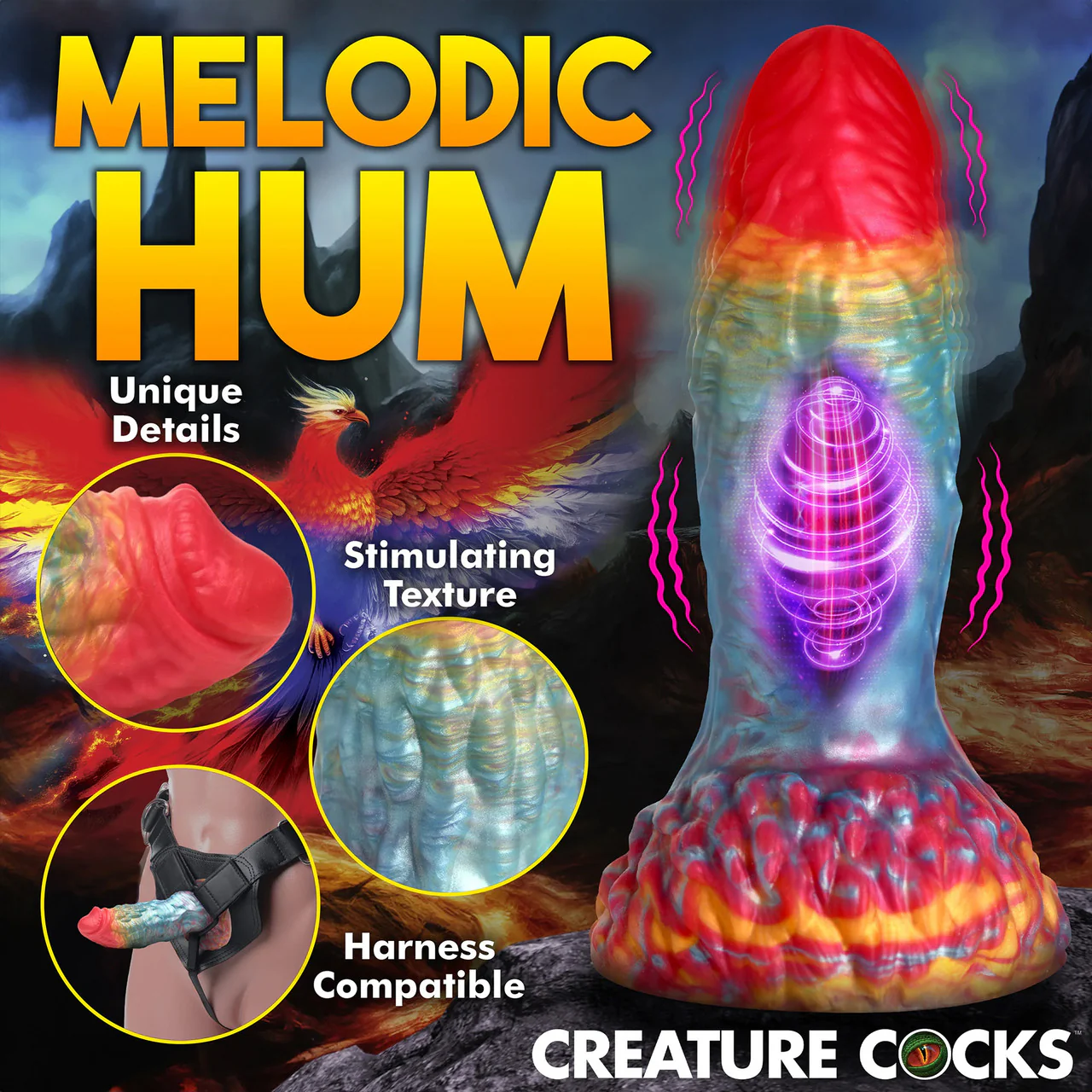 Rainbow Phoenix 6.75" Rechargeable Vibrating Silicone Suction Cup Dildo With Remote By Creature Cocks - Image 16