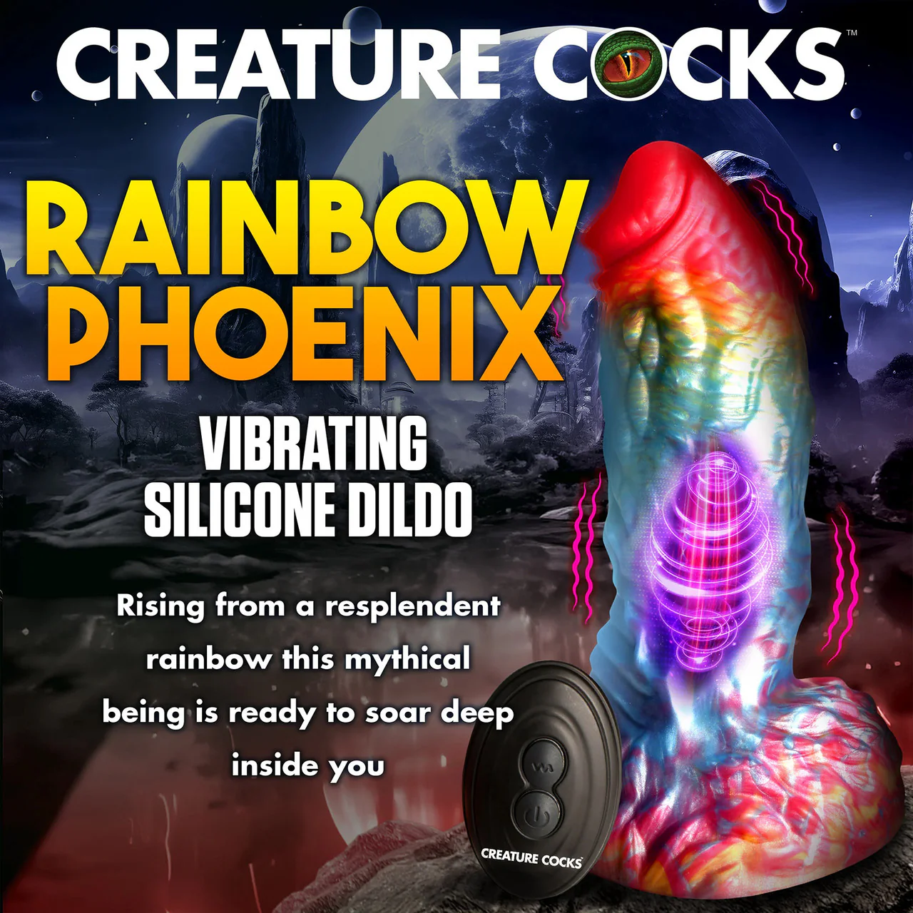 Rainbow Phoenix 6.75" Rechargeable Vibrating Silicone Suction Cup Dildo With Remote By Creature Cocks - Image 17