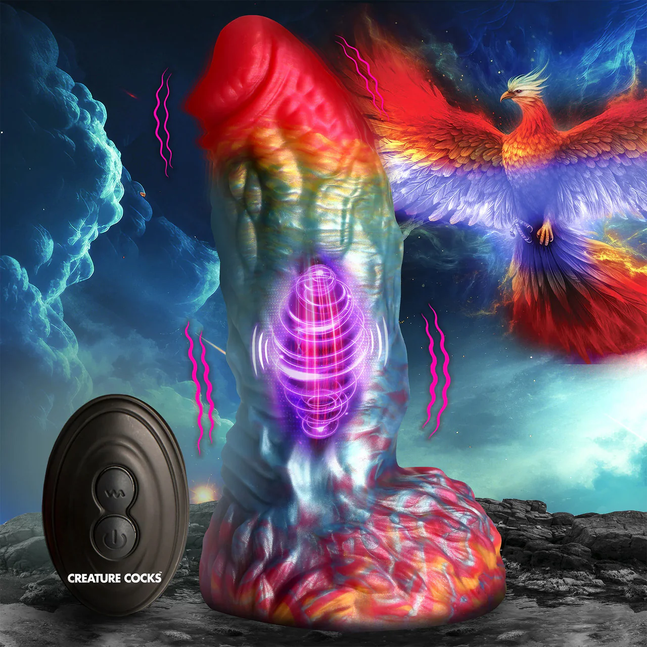 Rainbow Phoenix 6.75" Rechargeable Vibrating Silicone Suction Cup Dildo With Remote By Creature Cocks - Image 18