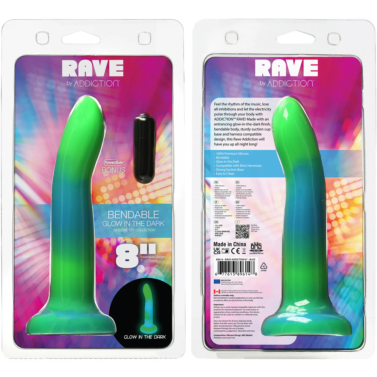 Rave By Addiction Silicone 8" Glow In The Dark Bendable Suction Cup Dildo - Blue & Green - Image 8