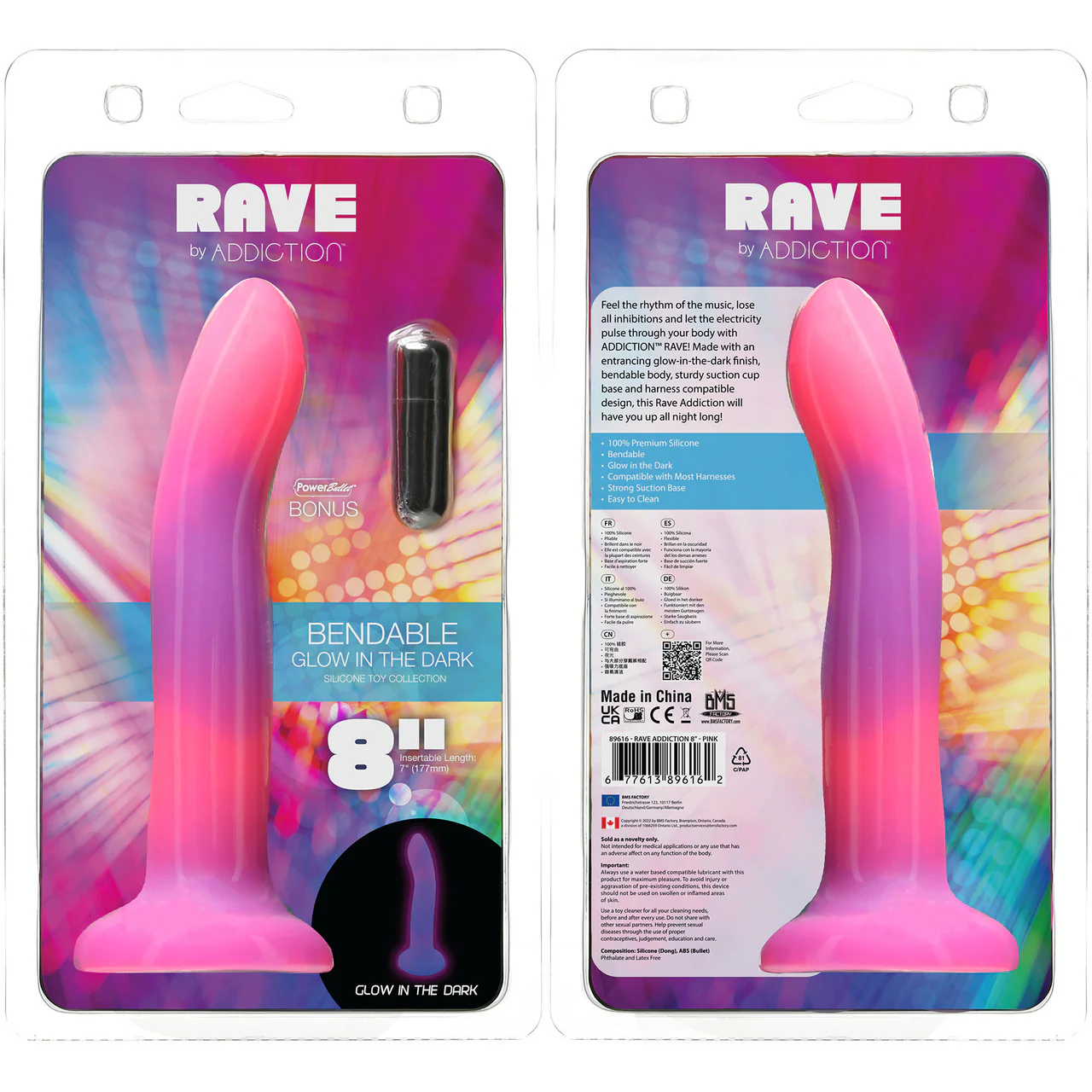 Rave By Addiction Silicone 8" Glow In The Dark Bendable Suction Cup Dildo - Pink & Purple - Image 8