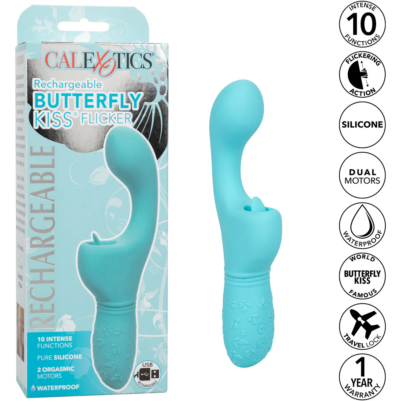 Rechargeable Butterfly Kiss Silicone Flicker Dual Stimulation Vibrator By CalExotics - Blue - Image 12