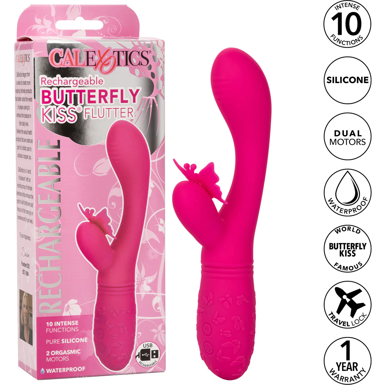 Rechargeable Butterfly Kiss Silicone Flutter Dual Stimulation Vibrator By CalExotics - Pink - Image 12