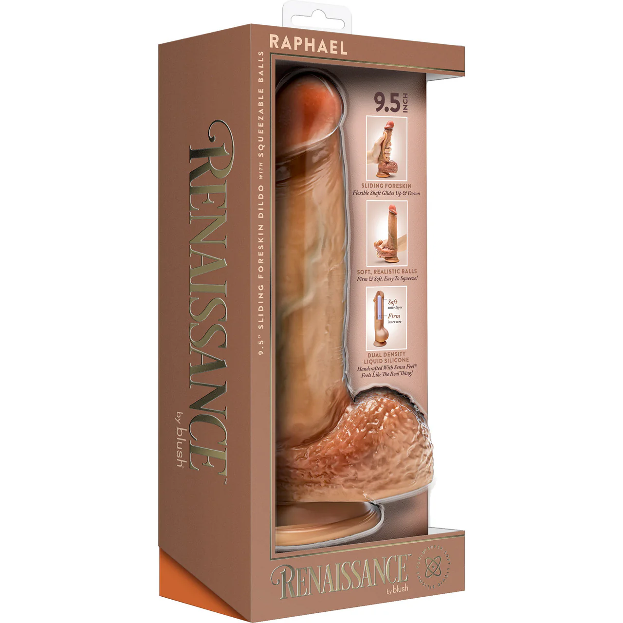 Renaissance Raphael 9.5" Dual Density Sliding Foreskin Suction Cup Dildo With Squeezable Balls - Caramel - Image 5