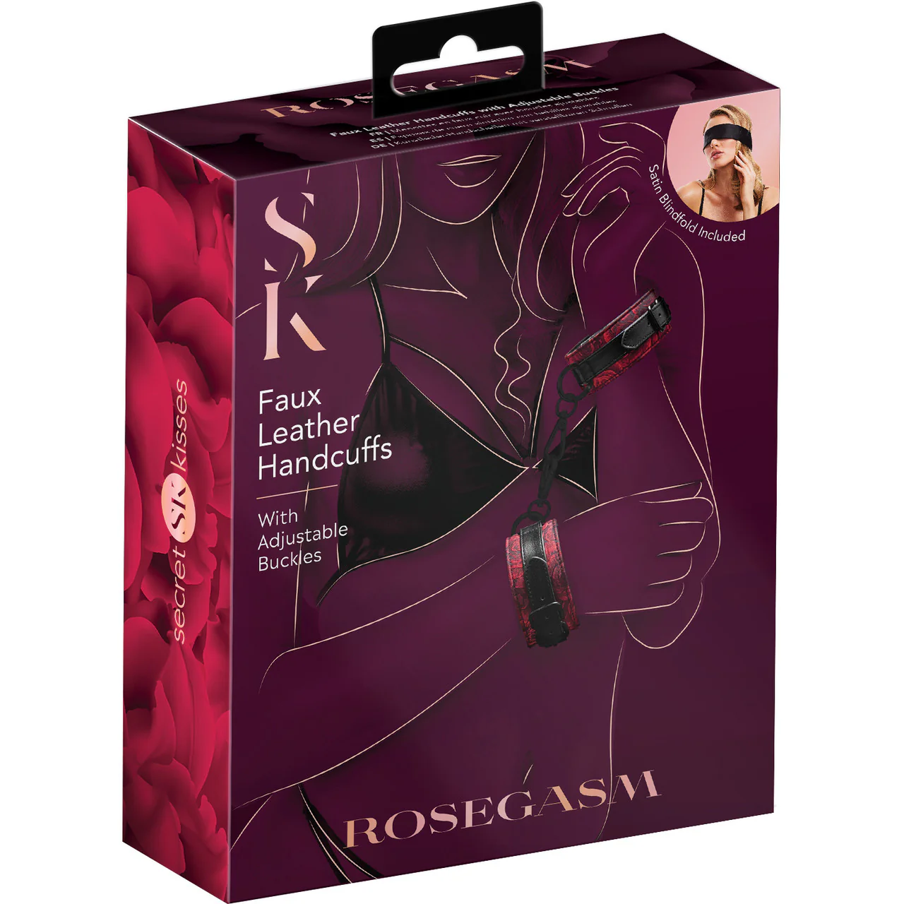 Secret Kisses Rosegasm Faux Leather Adjustable Buckle Handcuffs With Blindfold - Image 3