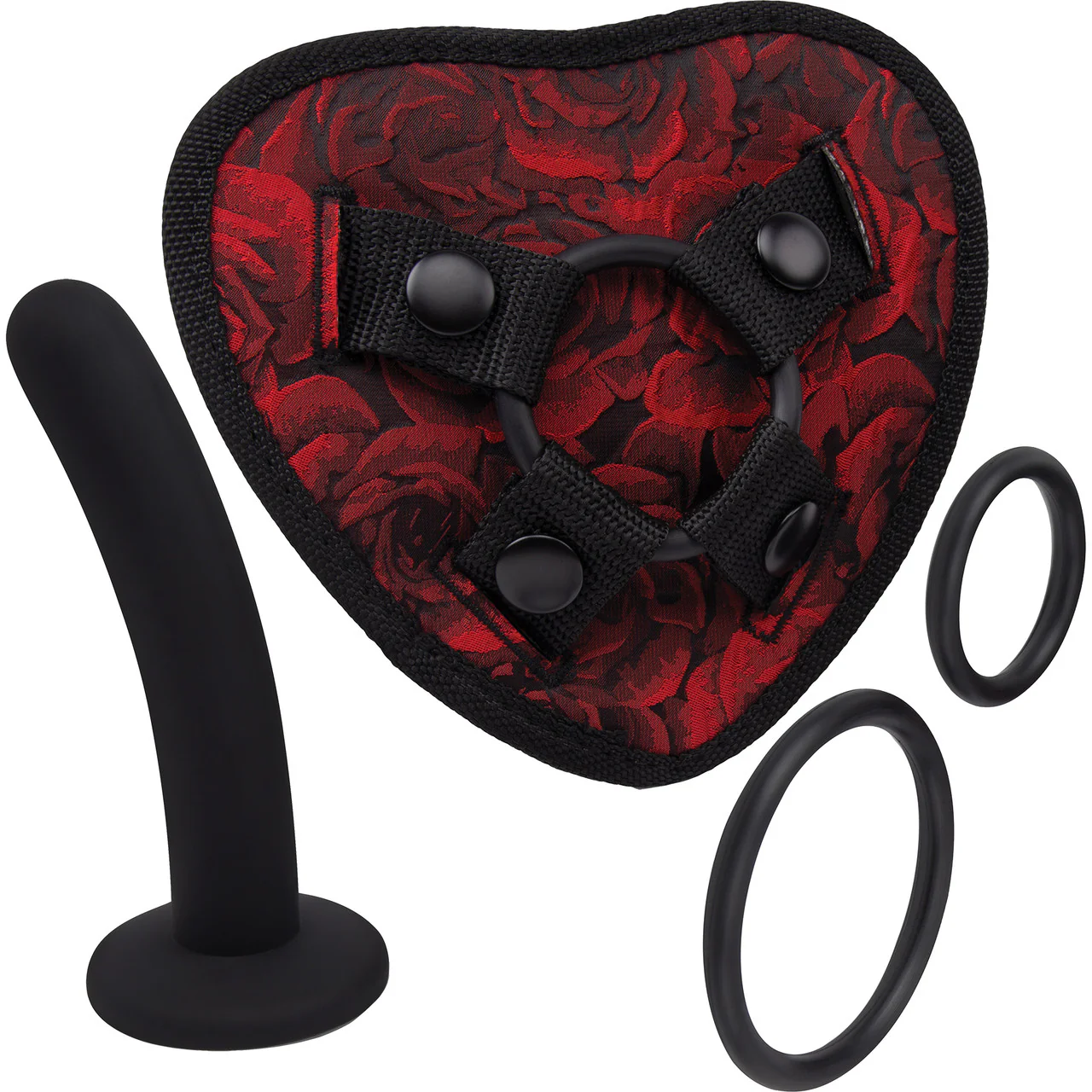 Secret Kisses Rosegasm Heart Shape Strap-On Harness With 5" Curved Silicone Dildo & Blindfold - Image 2