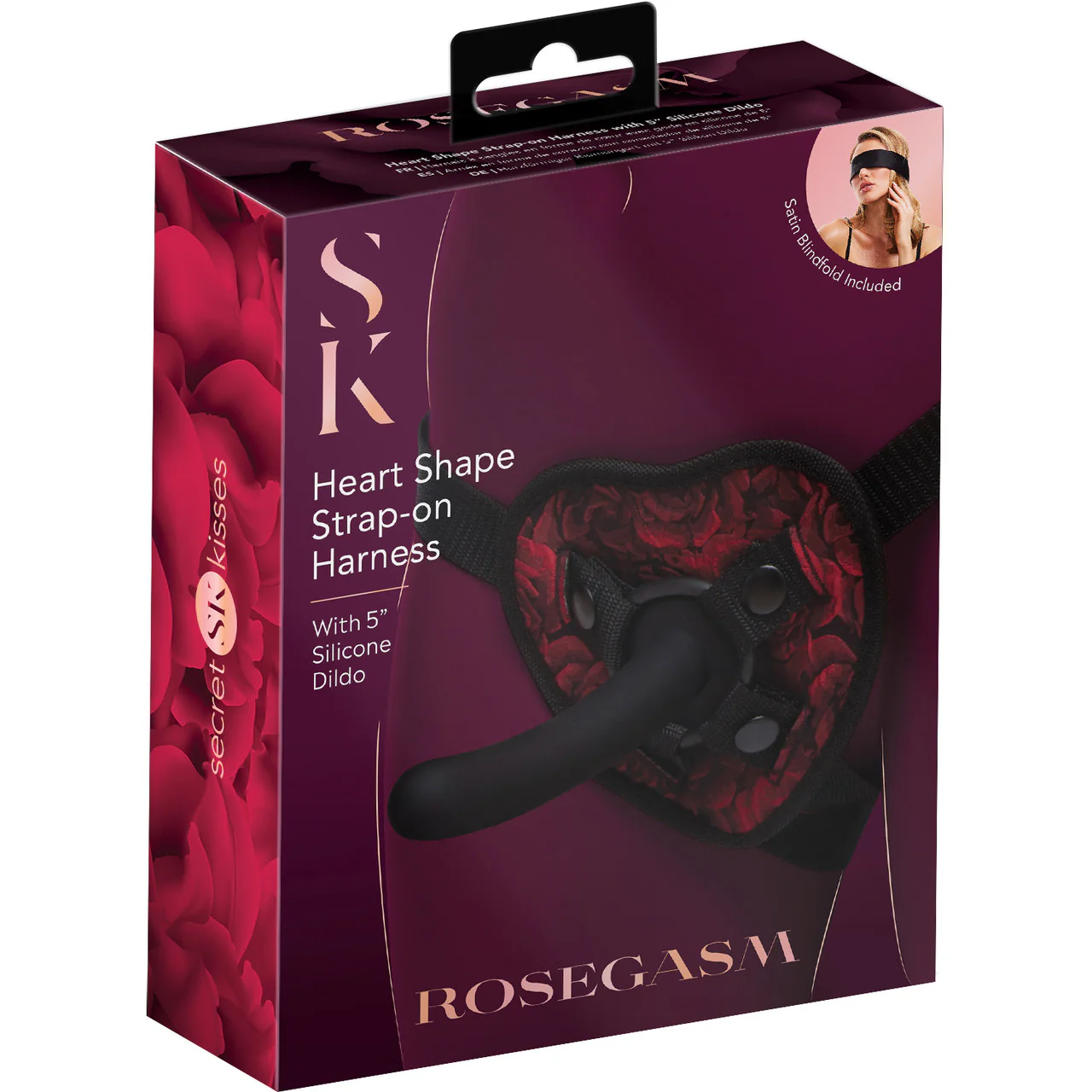 Secret Kisses Rosegasm Heart Shape Strap-On Harness With 5" Curved Silicone Dildo & Blindfold - Image 3