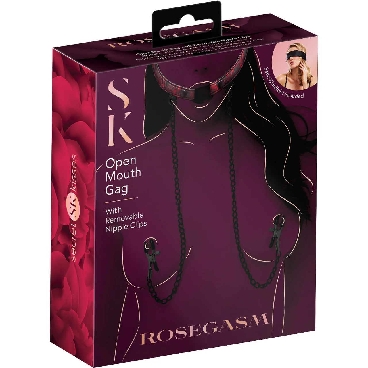 Secret Kisses Rosegasm Open Mouth Gag With Nipple Clips & Blindfold - Image 2