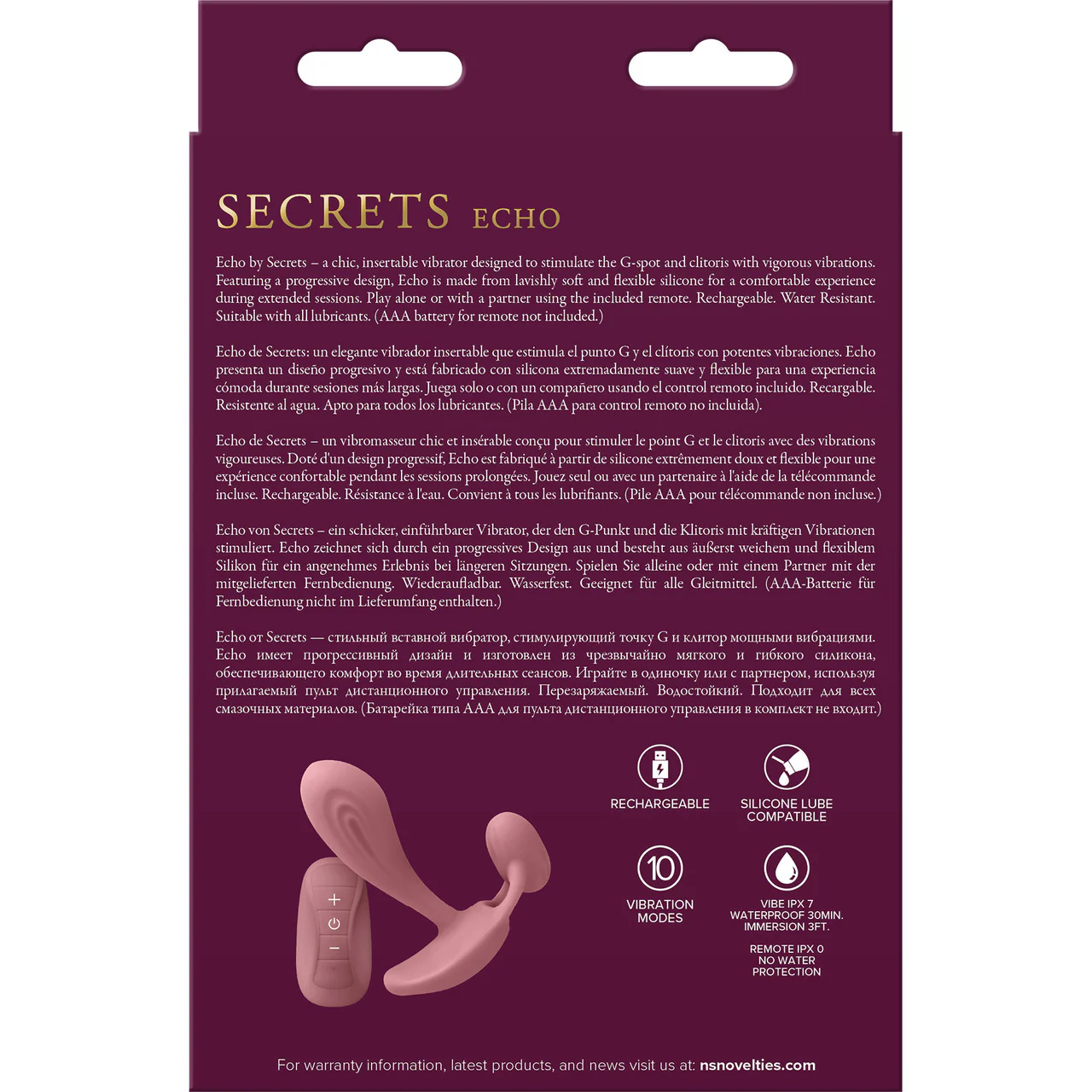 Secrets Echo Silicone G-Spot Vibrator With Clitoral Stimulator & Remote By NS Novelties - Dusty Rose - Image 4