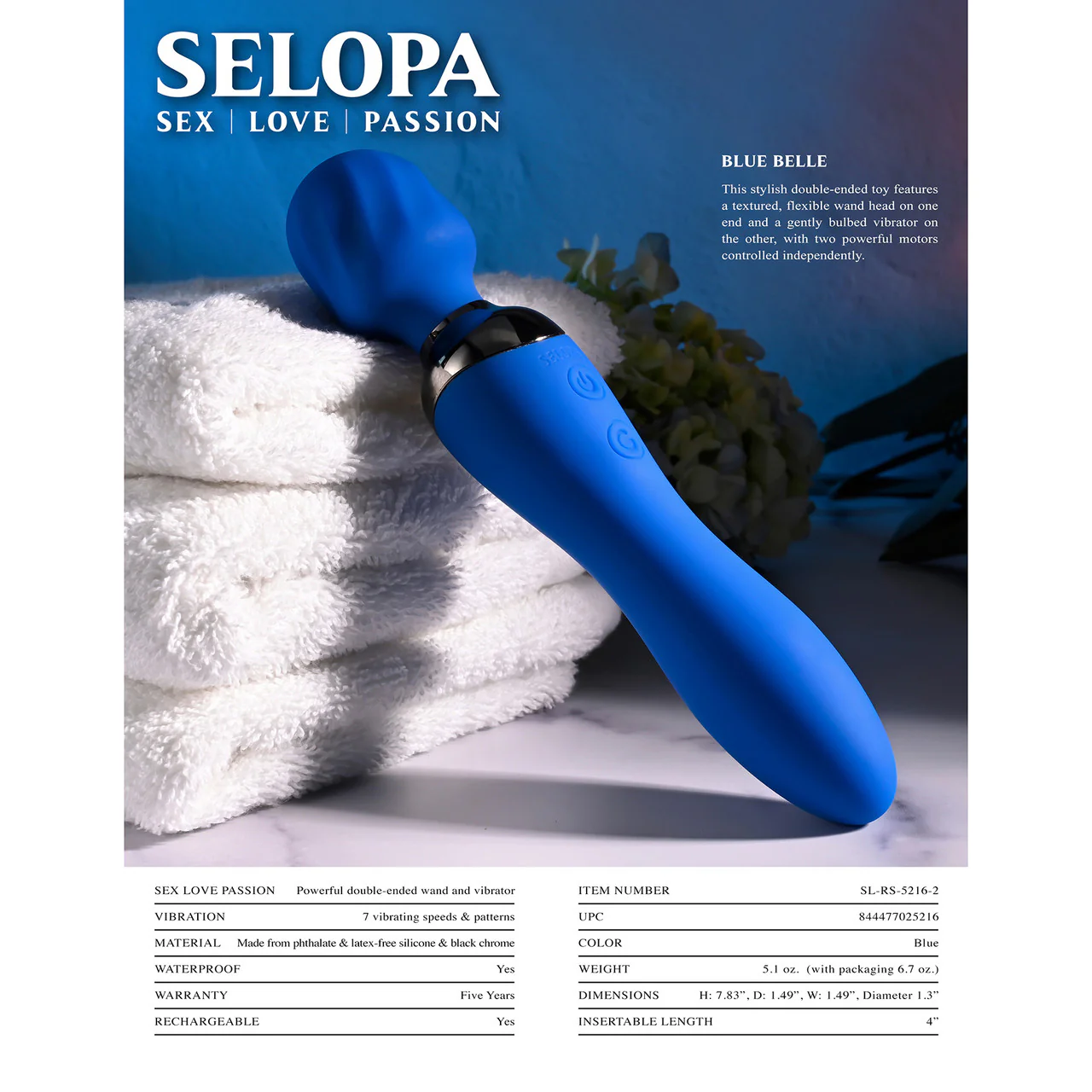 Selopa Blue Belle Silicone Rechargeable Dual End Wand Style Vibrator - Blue - Image 7