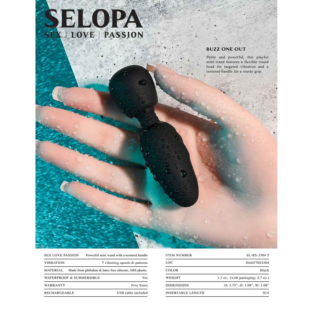 Selopa Buzz One Out Rechargeable Waterproof Silicone Mini Wand Vibrator - Black - Image 7