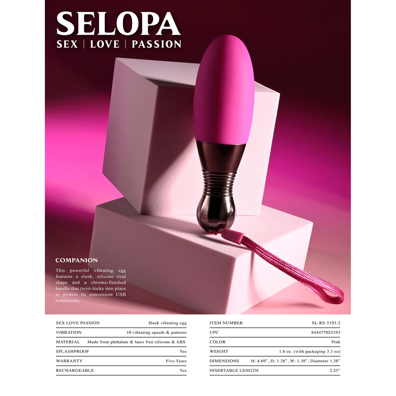 Selopa Companion Silicone Rechargeable Vibrating Egg - Pink - Image 7