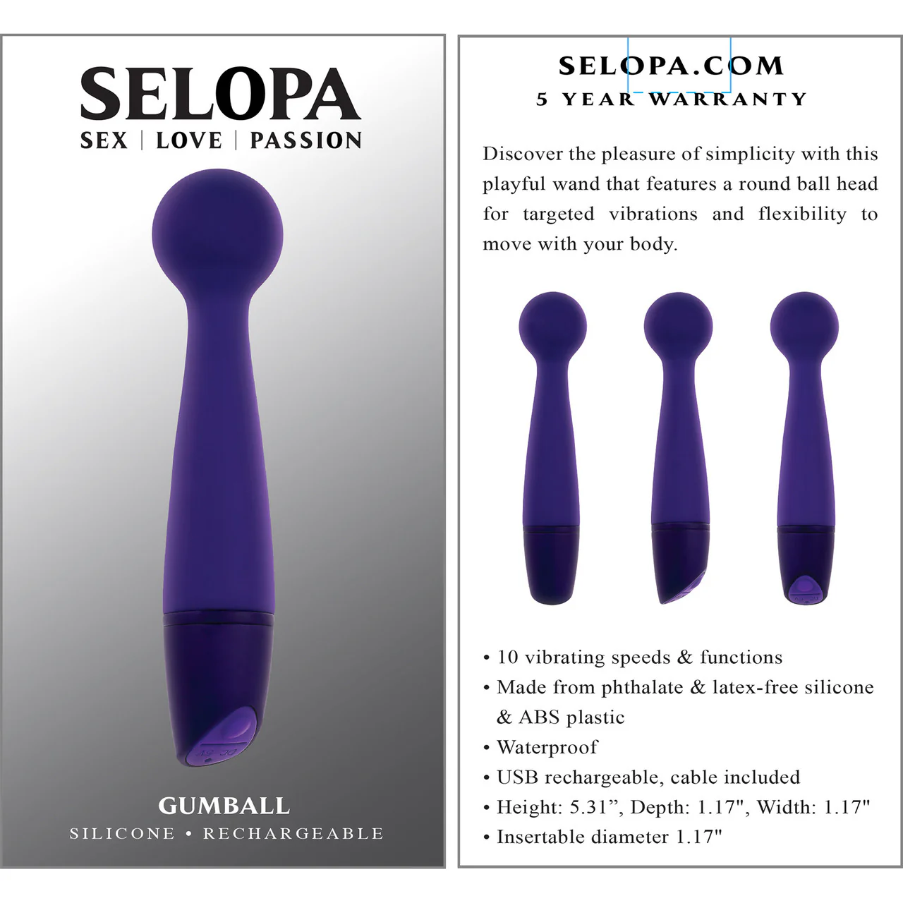 Selopa Gumball Rechargeable Waterproof Silicone Wand Style Vibrator - Purple - Image 8