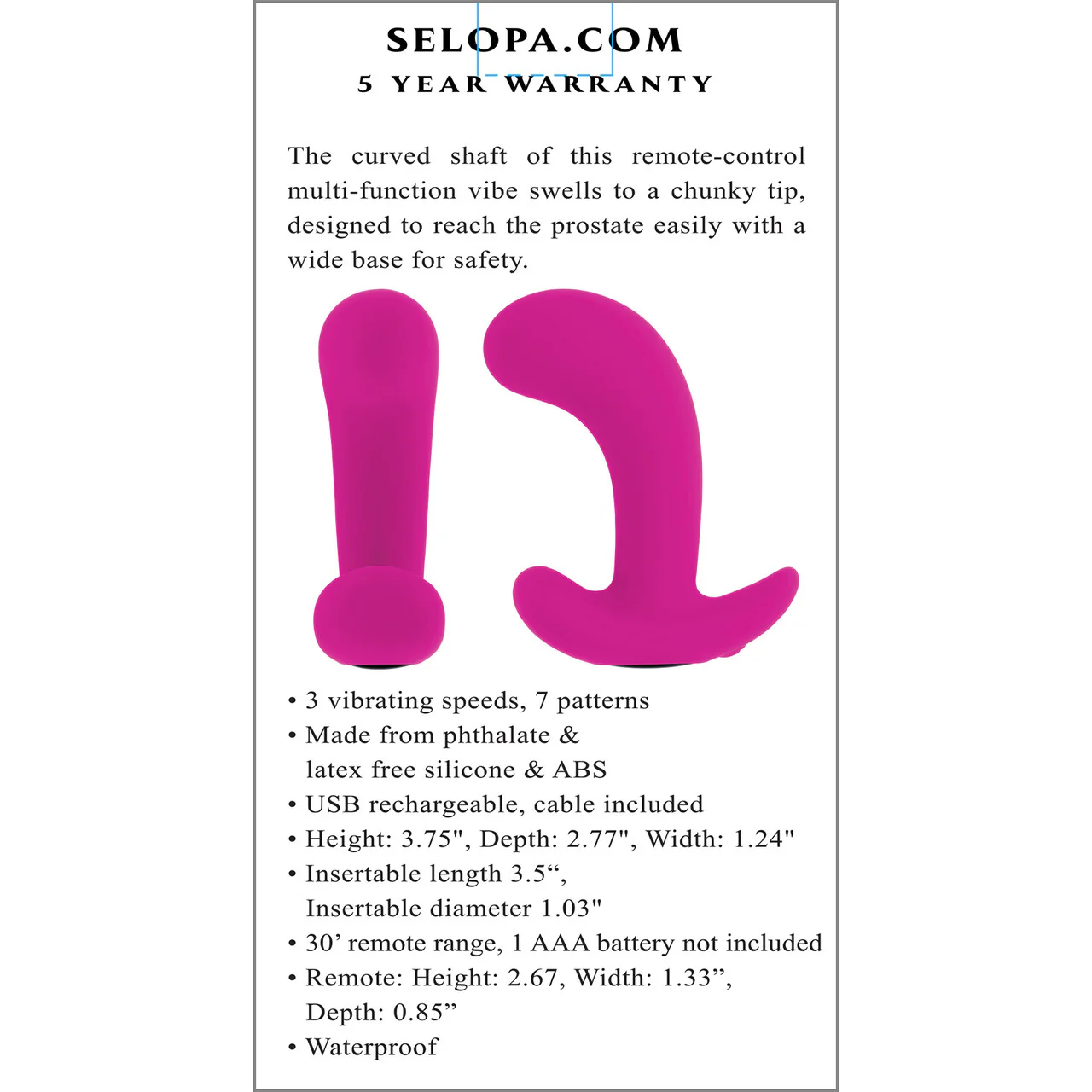Selopa Hooking Up Rechargeable Silicone Waterproof Vibrating Prostate Massager With Remote - Pink - Image 9