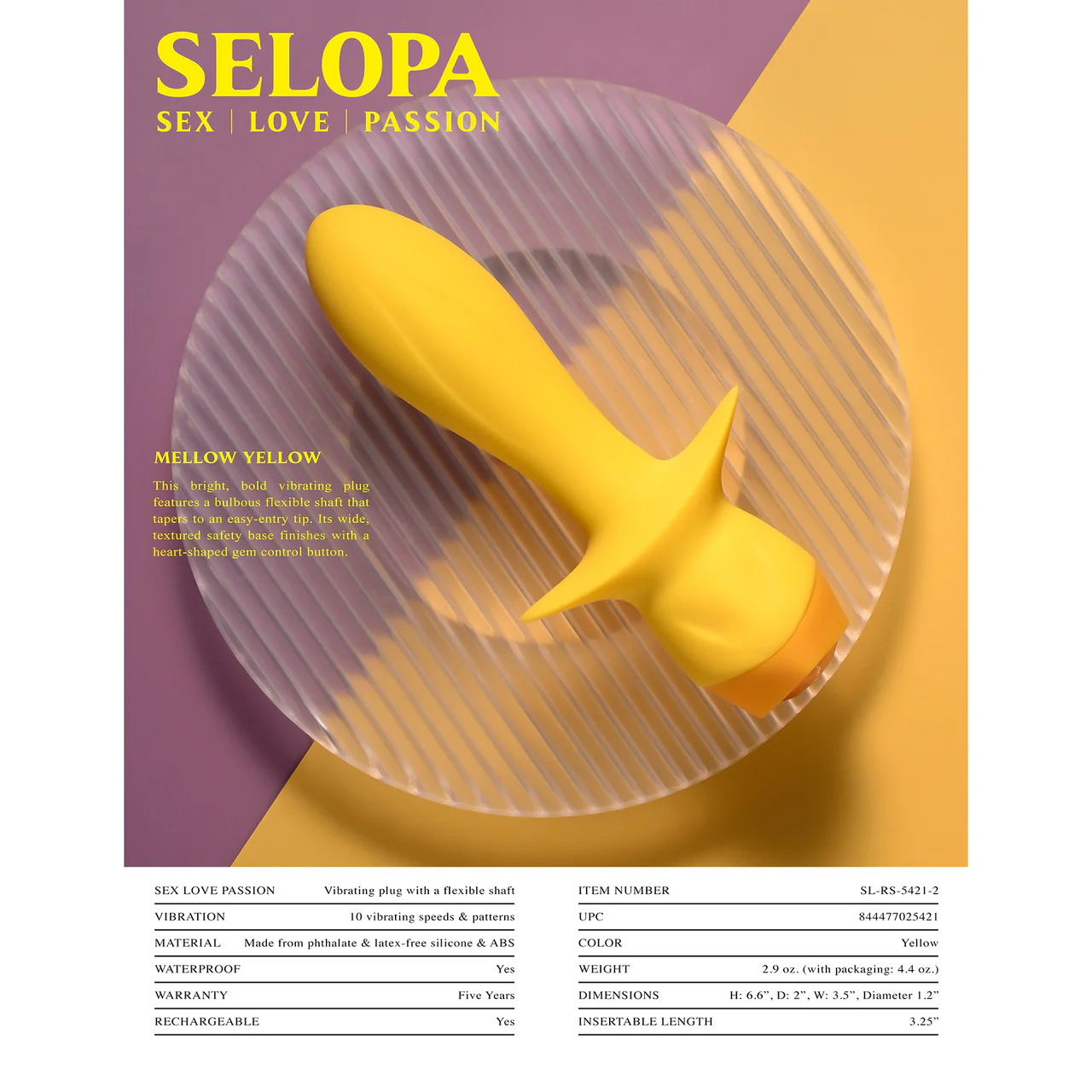 Selopa Mellow Yellow Silicone Rechargeable Waterproof Vibrating Butt Plug - Image 7