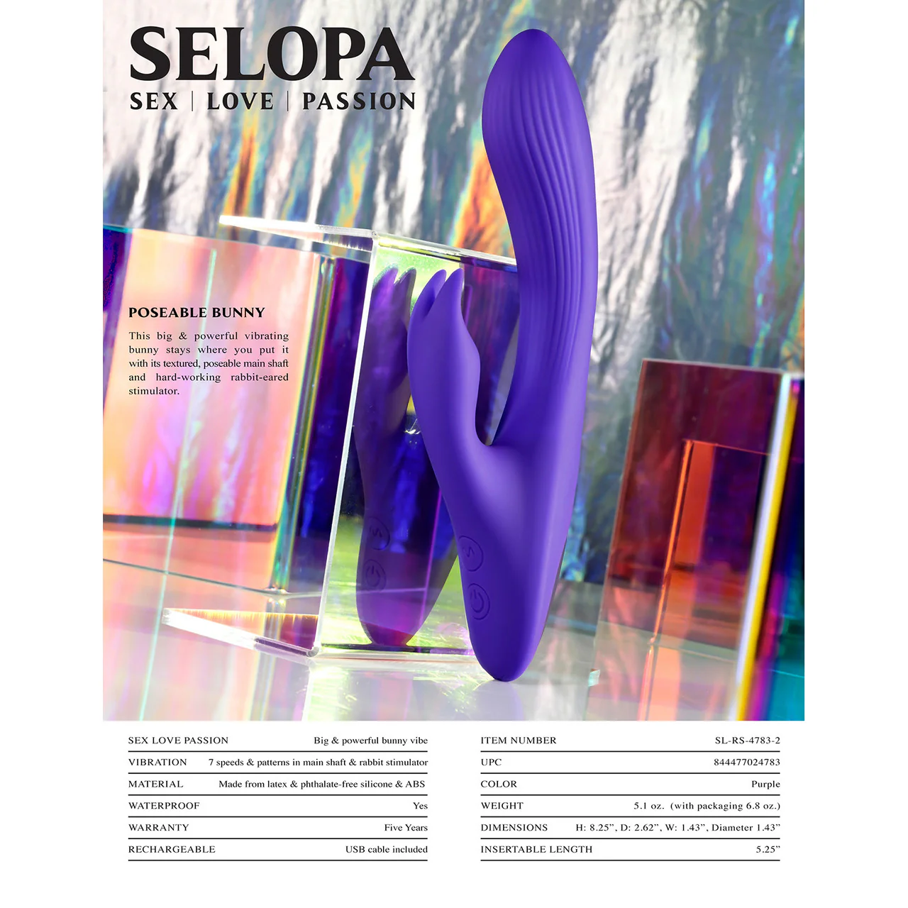 Selopa Poseable Bunny Silicone Rechargeable Waterproof Rabbit Style Vibrator - Purple - Image 7