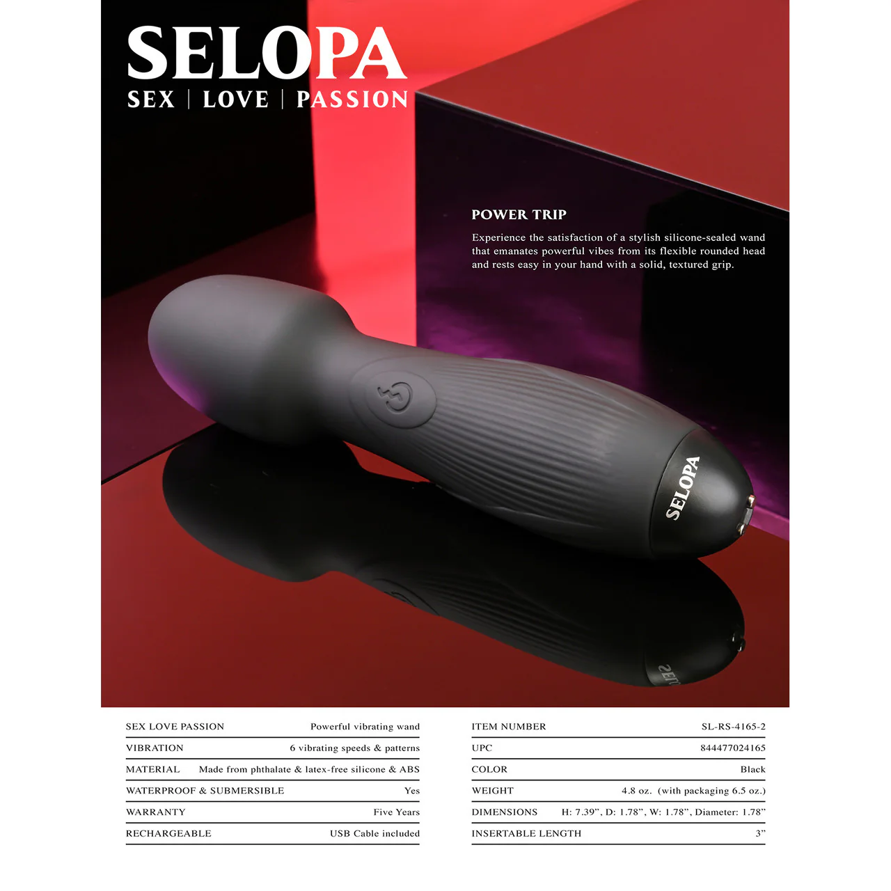 Selopa Power Trip Rechargeable Waterproof Silicone Wand Style Vibrator - Black - Image 8
