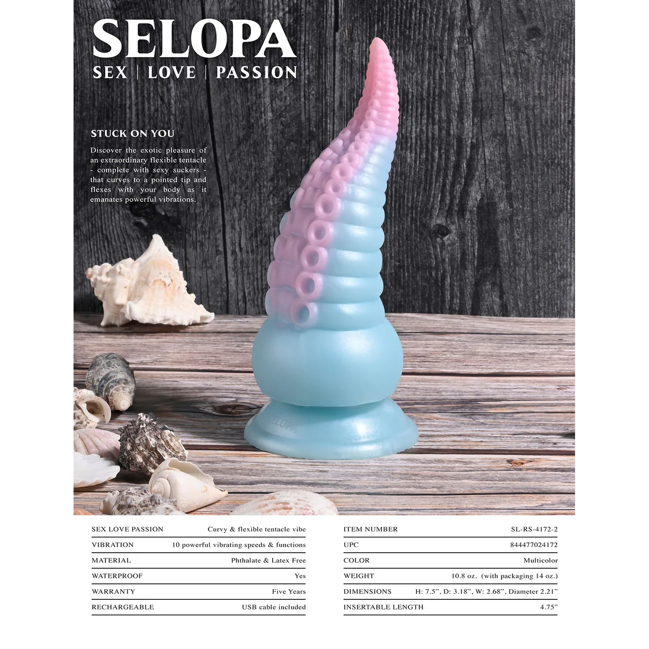 Selopa Stuck On You Tentacle 7.5" Rechargeable Waterproof Vibrating Silicone Suction Cup Dildo - Image 8