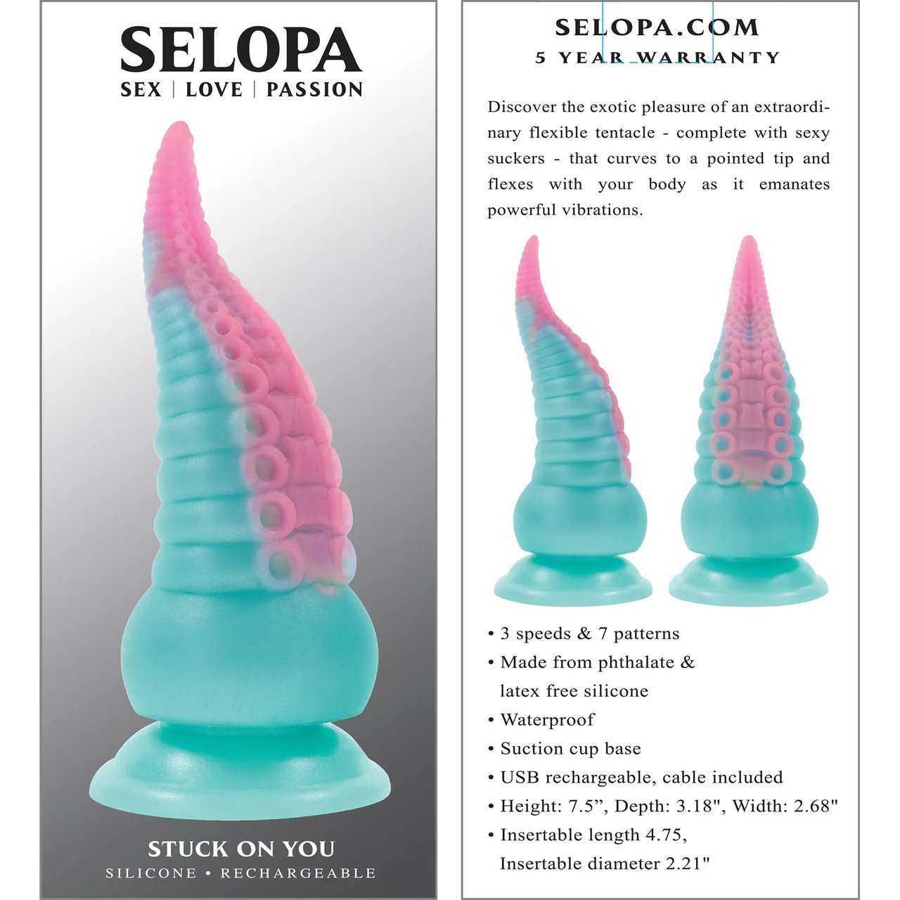 Selopa Stuck On You Tentacle 7.5" Rechargeable Waterproof Vibrating Silicone Suction Cup Dildo - Image 9
