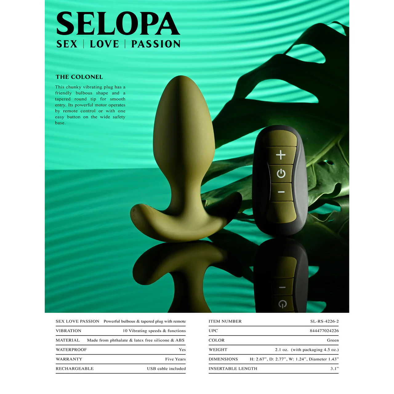 Selopa The Colonel Silicone Rechargeable Waterproof Vibrating Butt Plug With Remote - Green - Image 9
