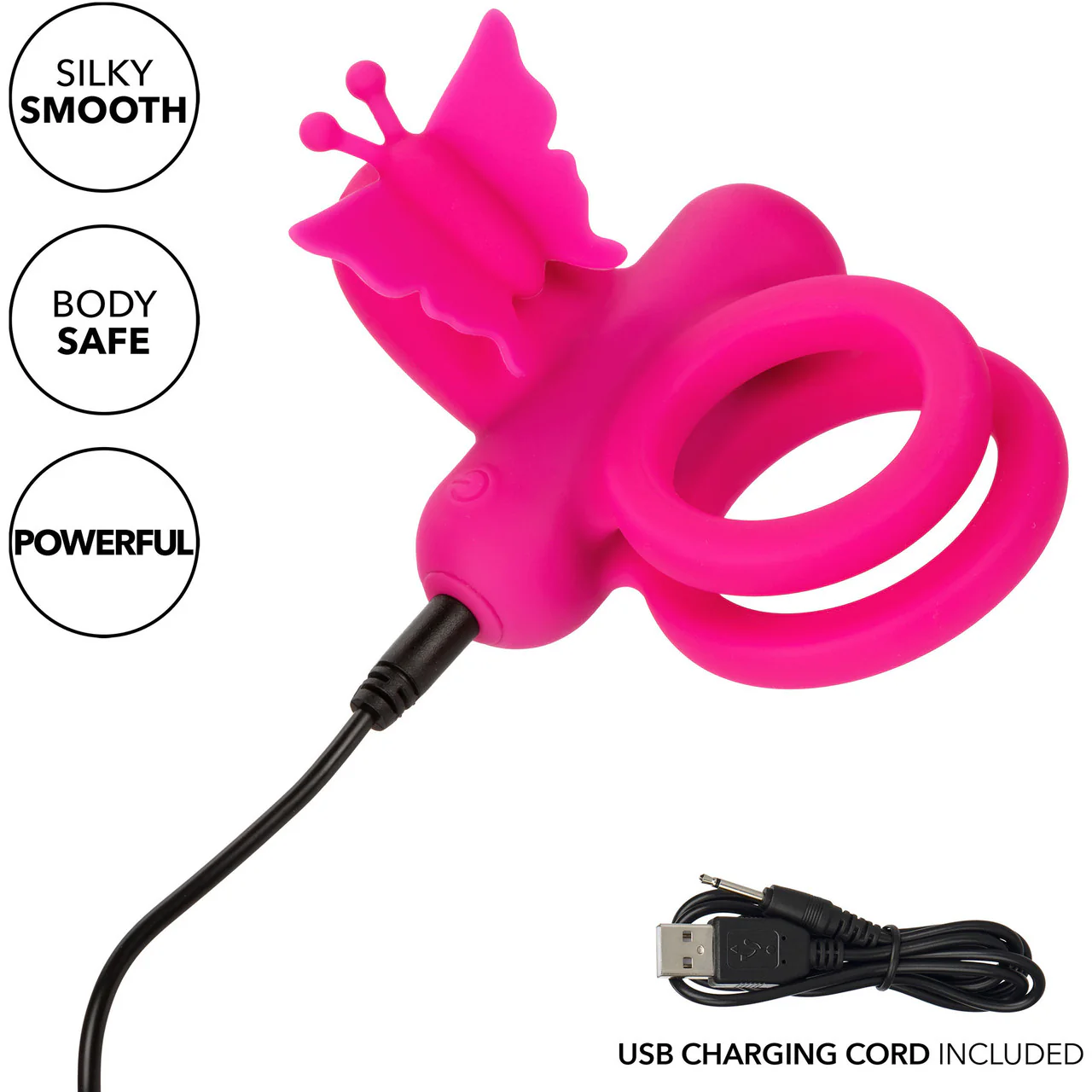 Silicone Rechargeable Dual Butterfly Couples Vibrating Cock Ring By CalExotics - Pink - Image 8