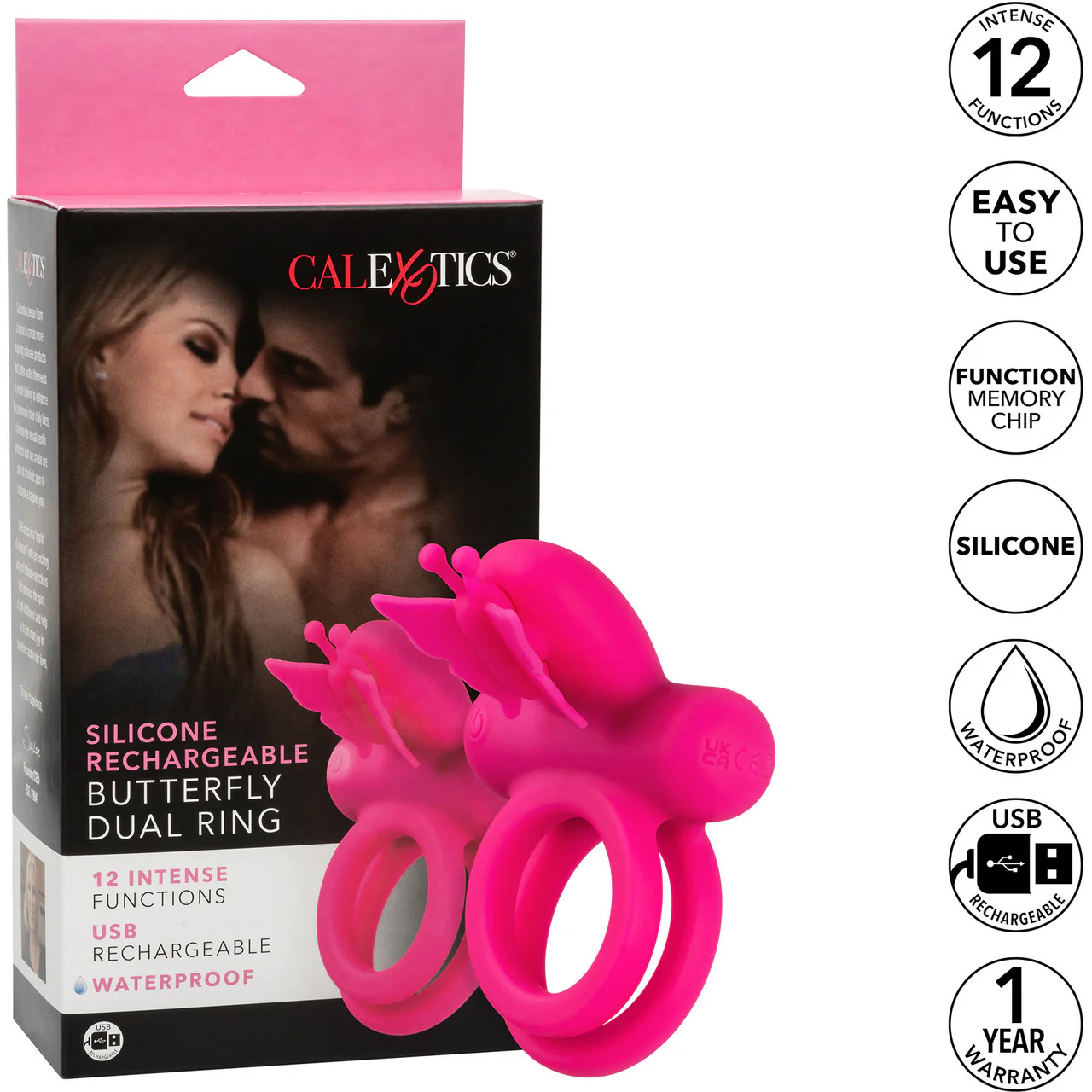 Silicone Rechargeable Dual Butterfly Couples Vibrating Cock Ring By CalExotics - Pink - Image 9