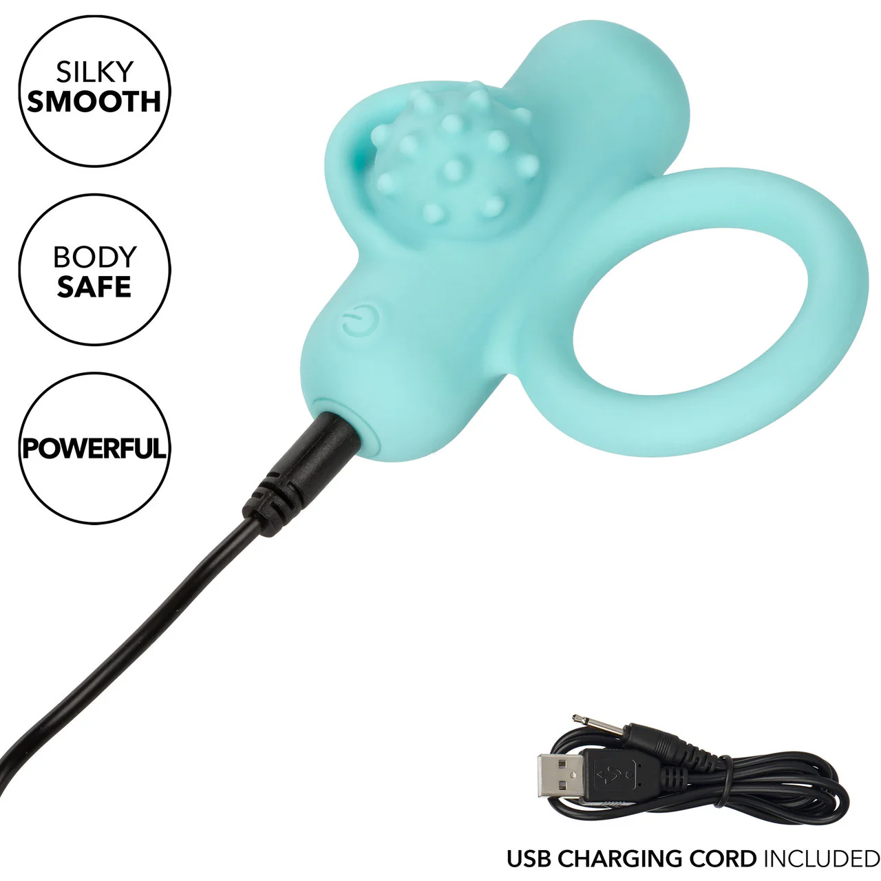 Silicone Rechargeable Nubby Lover's Delight Vibrating Cock Ring By CalExotics - Teal - Image 11