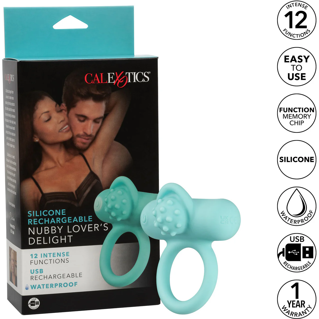 Silicone Rechargeable Nubby Lover's Delight Vibrating Cock Ring By CalExotics - Teal - Image 12