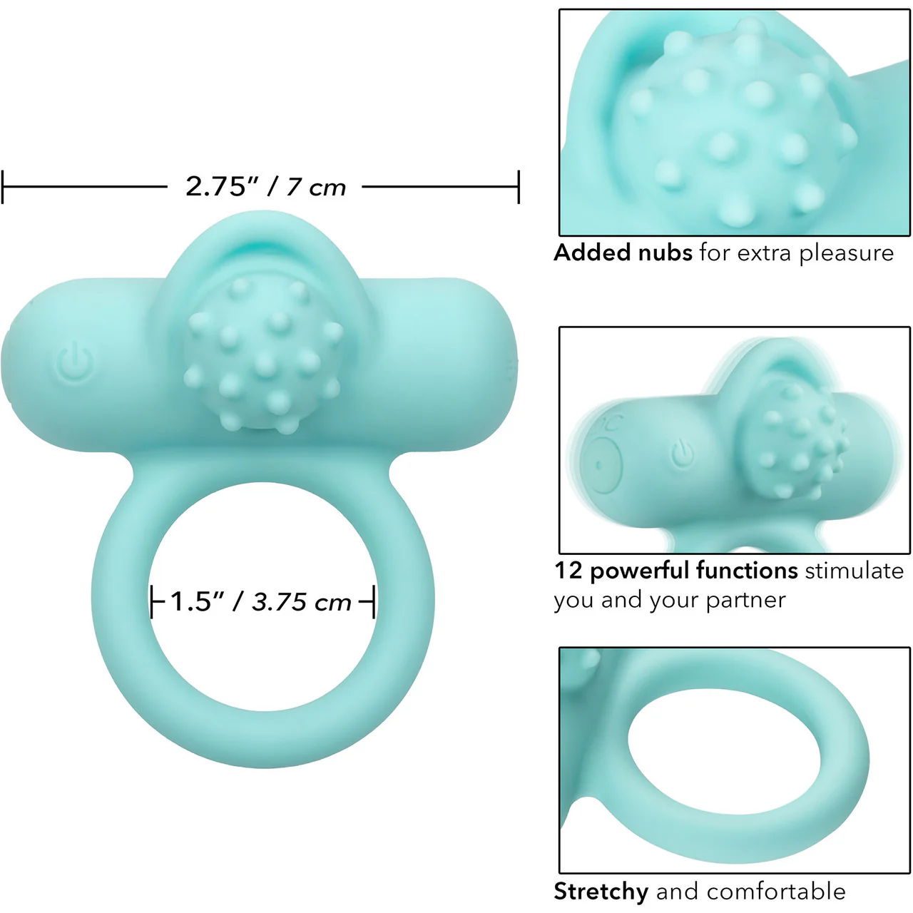 Silicone Rechargeable Nubby Lover's Delight Vibrating Cock Ring By CalExotics - Teal - Image 13
