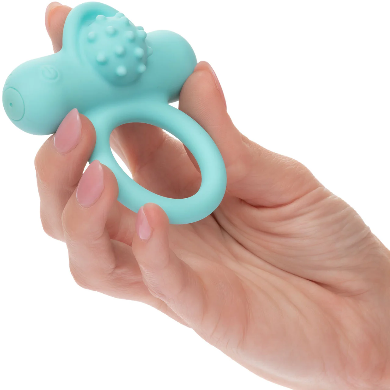 Silicone Rechargeable Nubby Lover's Delight Vibrating Cock Ring By CalExotics - Teal - Image 2