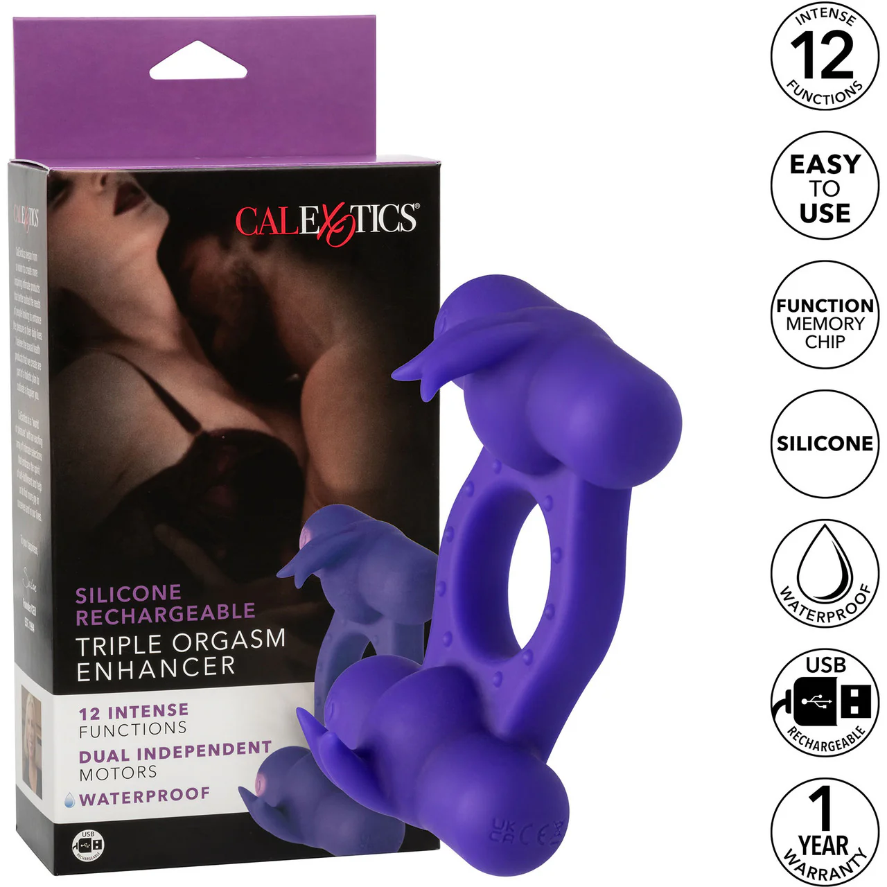 Silicone Rechargeable Triple Orgasm Enhancer Vibrating Cock Ring By CalExotics - Purple - Image 11