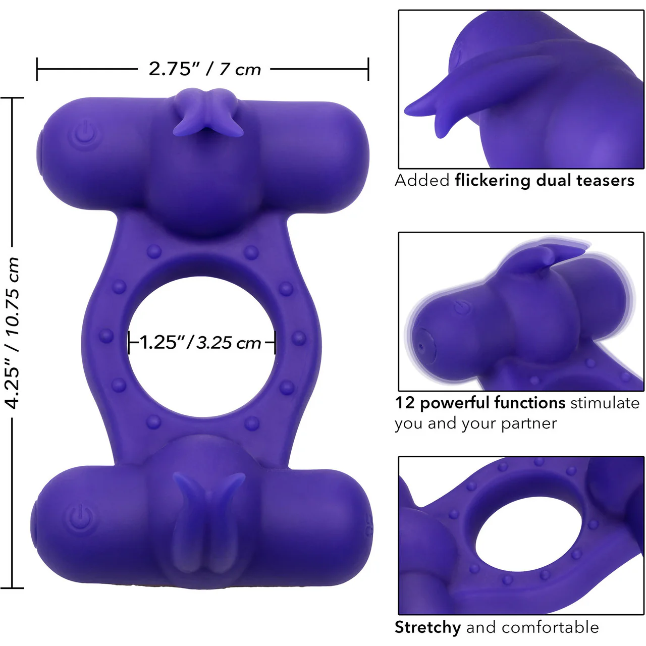 Silicone Rechargeable Triple Orgasm Enhancer Vibrating Cock Ring By CalExotics - Purple - Image 12
