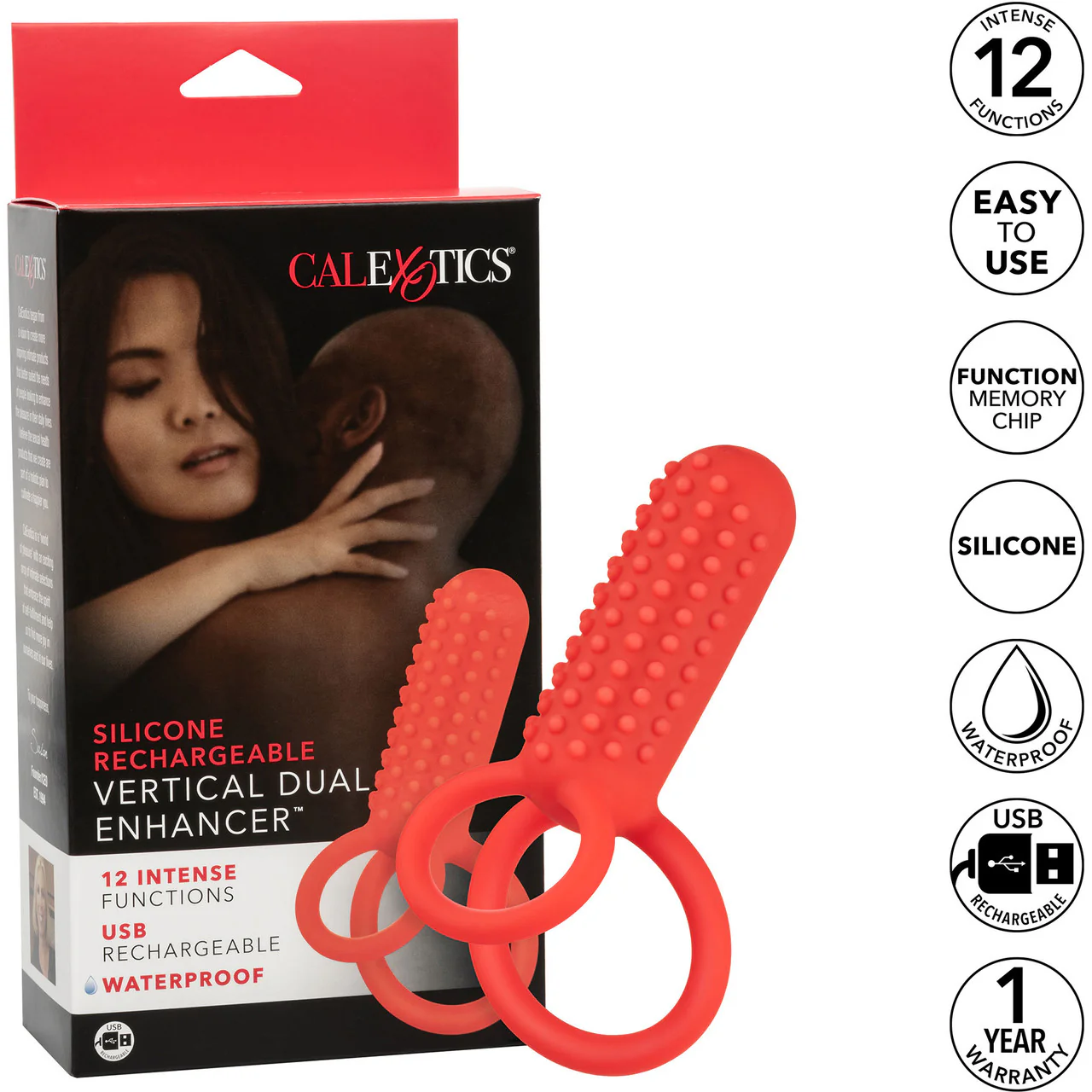 Silicone Rechargeable Vertical Dual Enhancer Vibrating Cock Ring By CalExotics - Red - Image 10