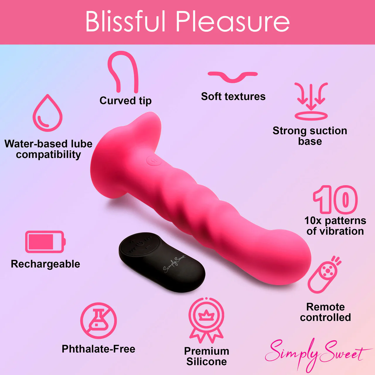 Simply Sweet 21X Vibrating Ribbed Rechargeable Silicone G-Spot Vibrator With Remote - Pink - Image 13